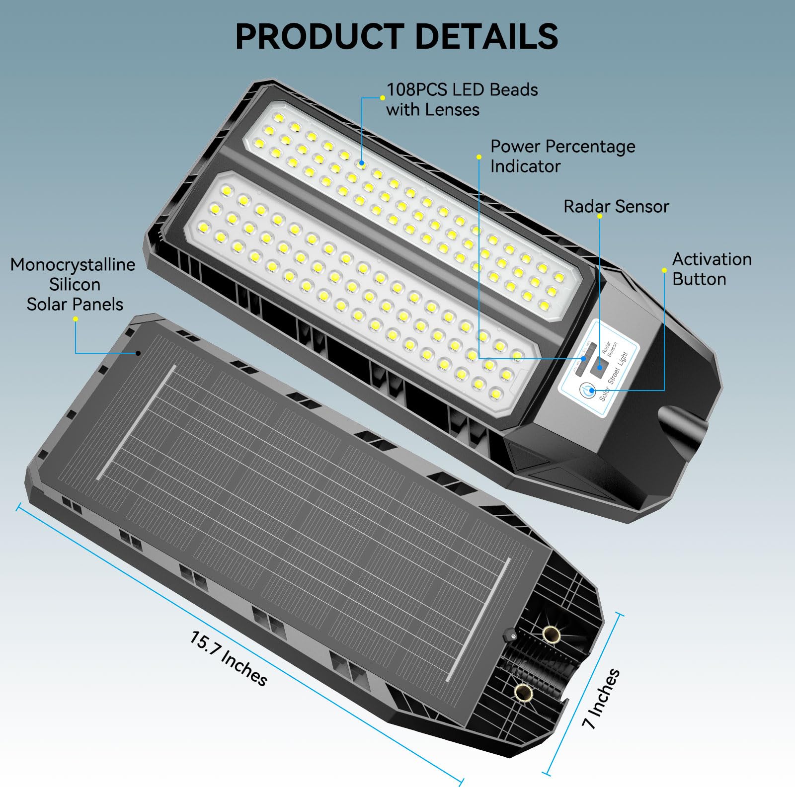 VOOJOY Solar Street Lights - 5000W LED Security Flood Light, Waterproof, Motion Sensor, Remote Control, Black, 3 Pack