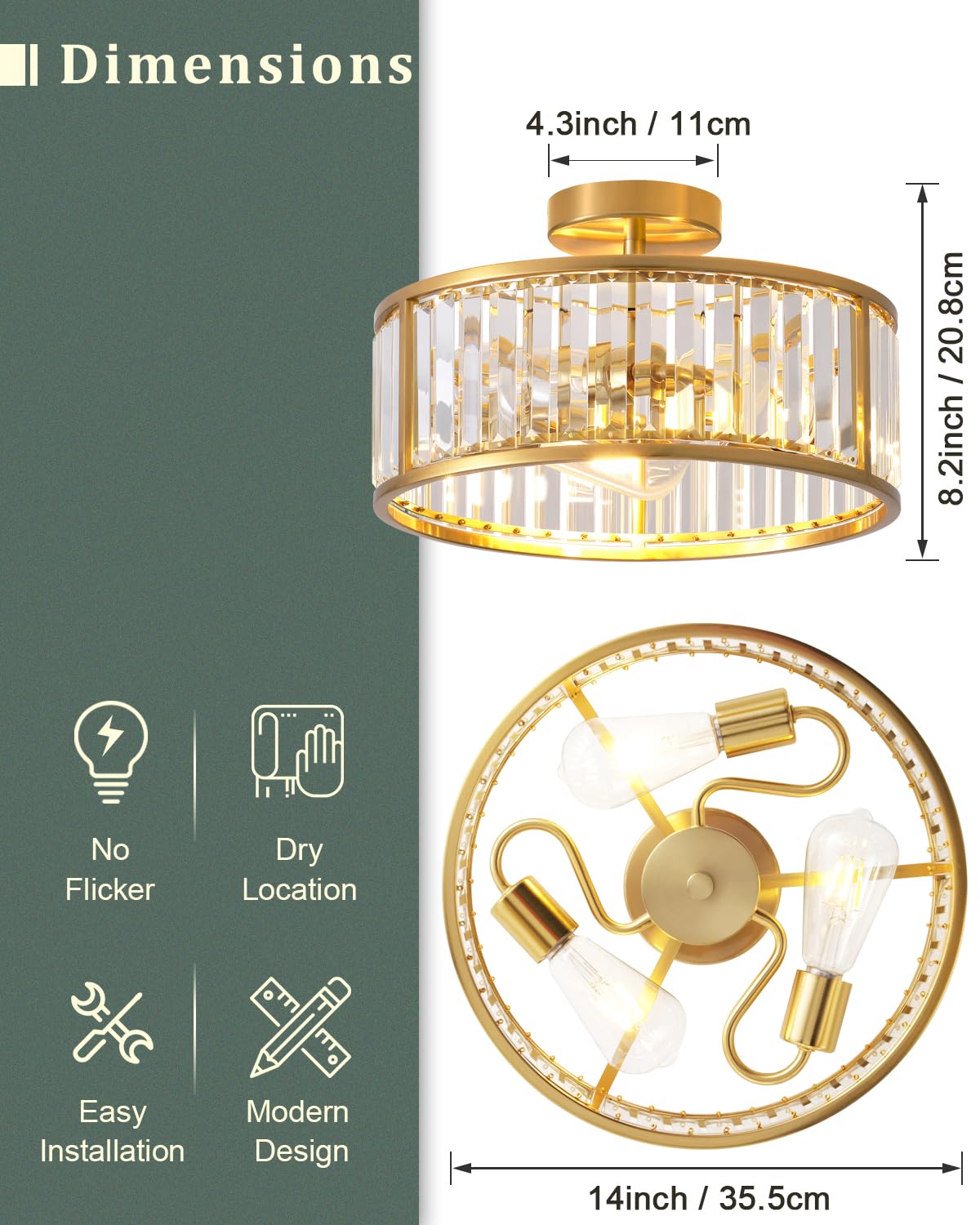 Lhlyclx 3-Light Caged Crystal Chandelier, Brass Gold Drum Ceiling Light, 14 Inch