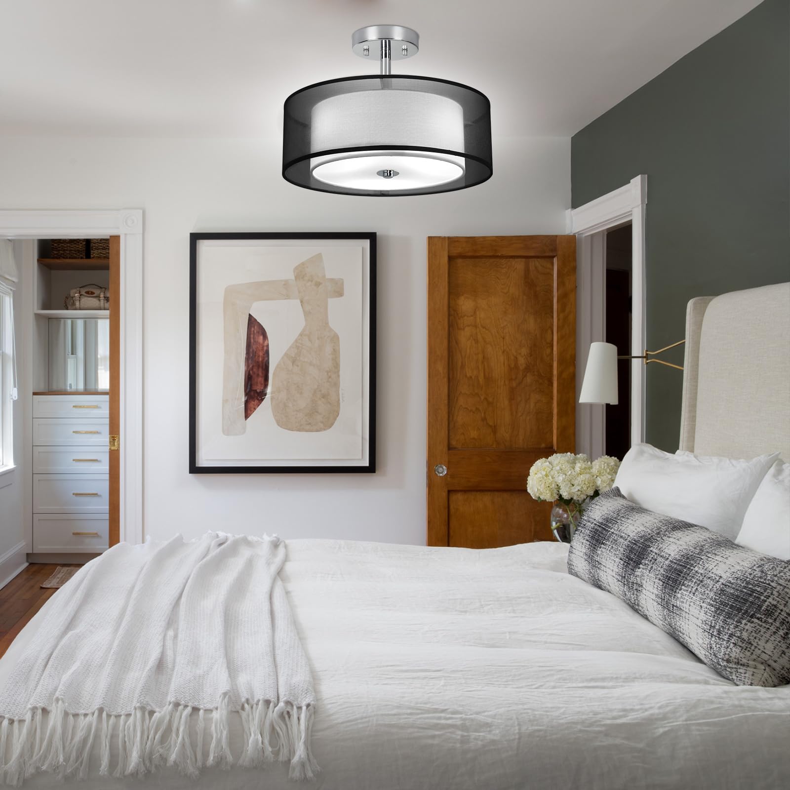 Dllt 3-Light Semi Flush Mount Ceiling Light Fixture, Modern 15'' Black Ceiling Lamp With Double Fabric Shade, Close To Ceiling L