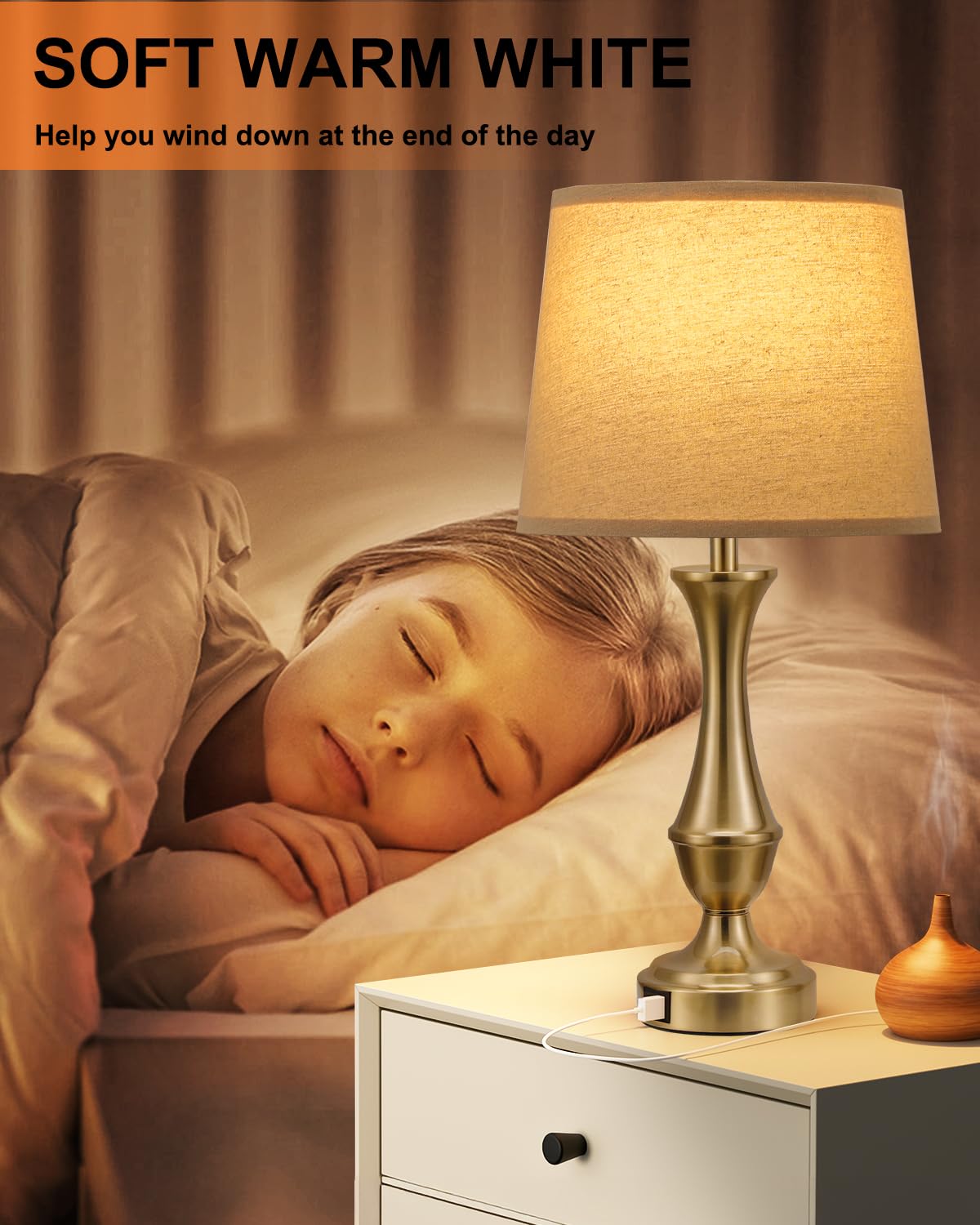 Seealle Touch Lamps Set of 2 - 3 Way Dimmable, USB C+A, Metal, Brown Shade & Gold Base, Model 040710