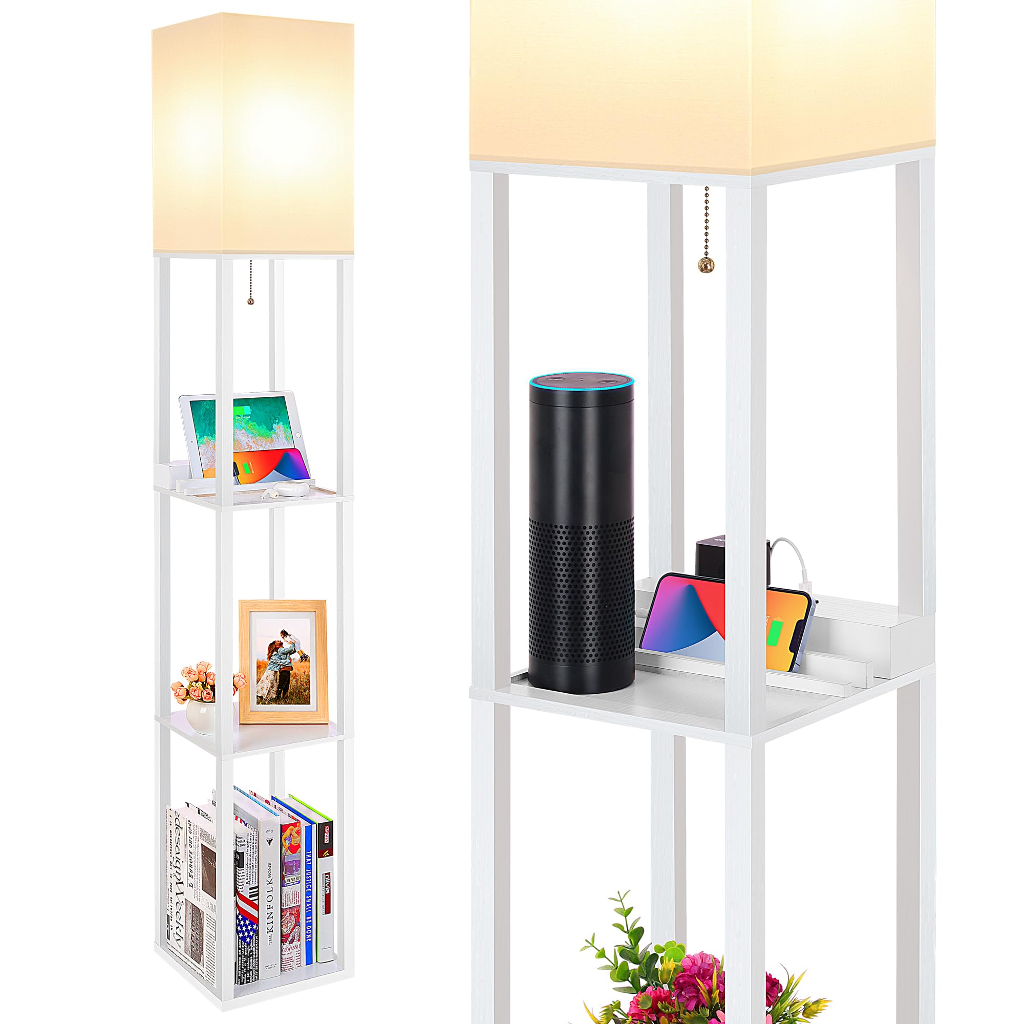 SHINE HAI Shelf Lamp, Modern Standing Lights with 1 USB Port and 1 Type C Port and 1 Power Outlet, 3-Tiered Display Floor Lamps 