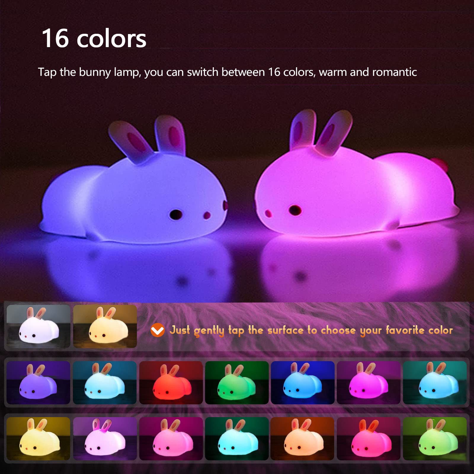 YOTOZU Bunny Night Light, USB Rechargeable, 16 Colors & Breathing Modes, Kids Gift, Tap Control, Warm White