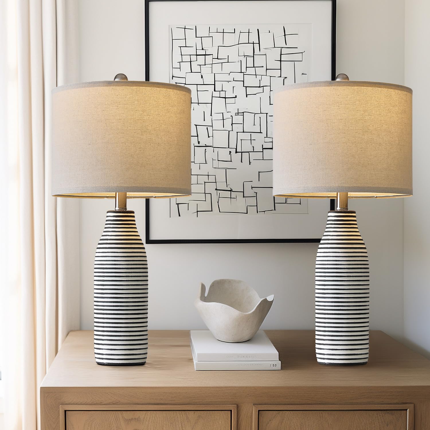 Usumkky 25'' Ceramic Table Lamps Set Of 2 Beside Lamps For Living Room Modern Bedroom Lamps For Night Stands With Rotary Switch