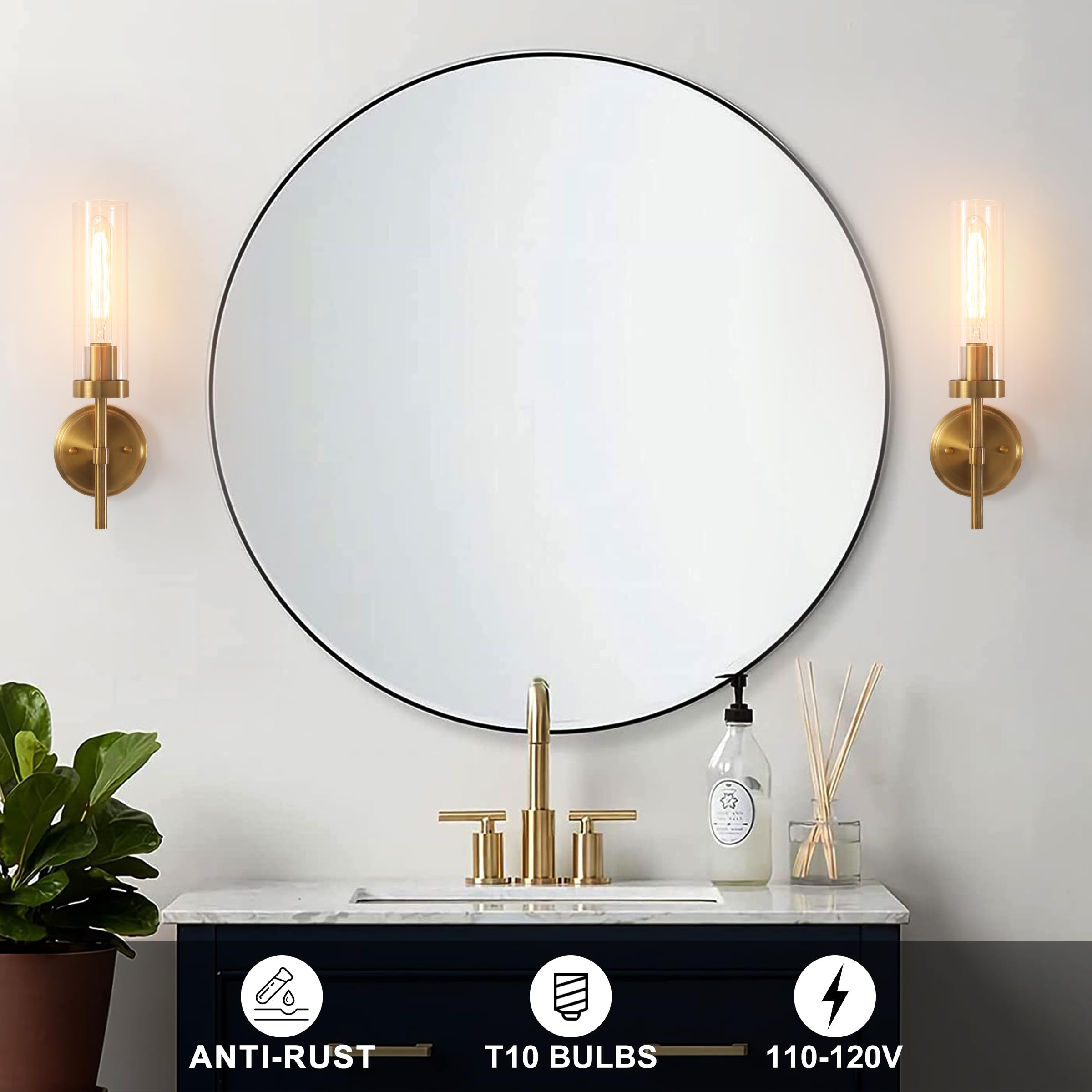 Wall Sconces Set Of Two Brass Gold Bathroom Sconces Wall Lighting With Clear Glass  Modern Sconces Wall Decor Set Of 2 Wall Light Fixtures For Bathroom Mirror Living Room Hallway Bedroom Wall Lamp
