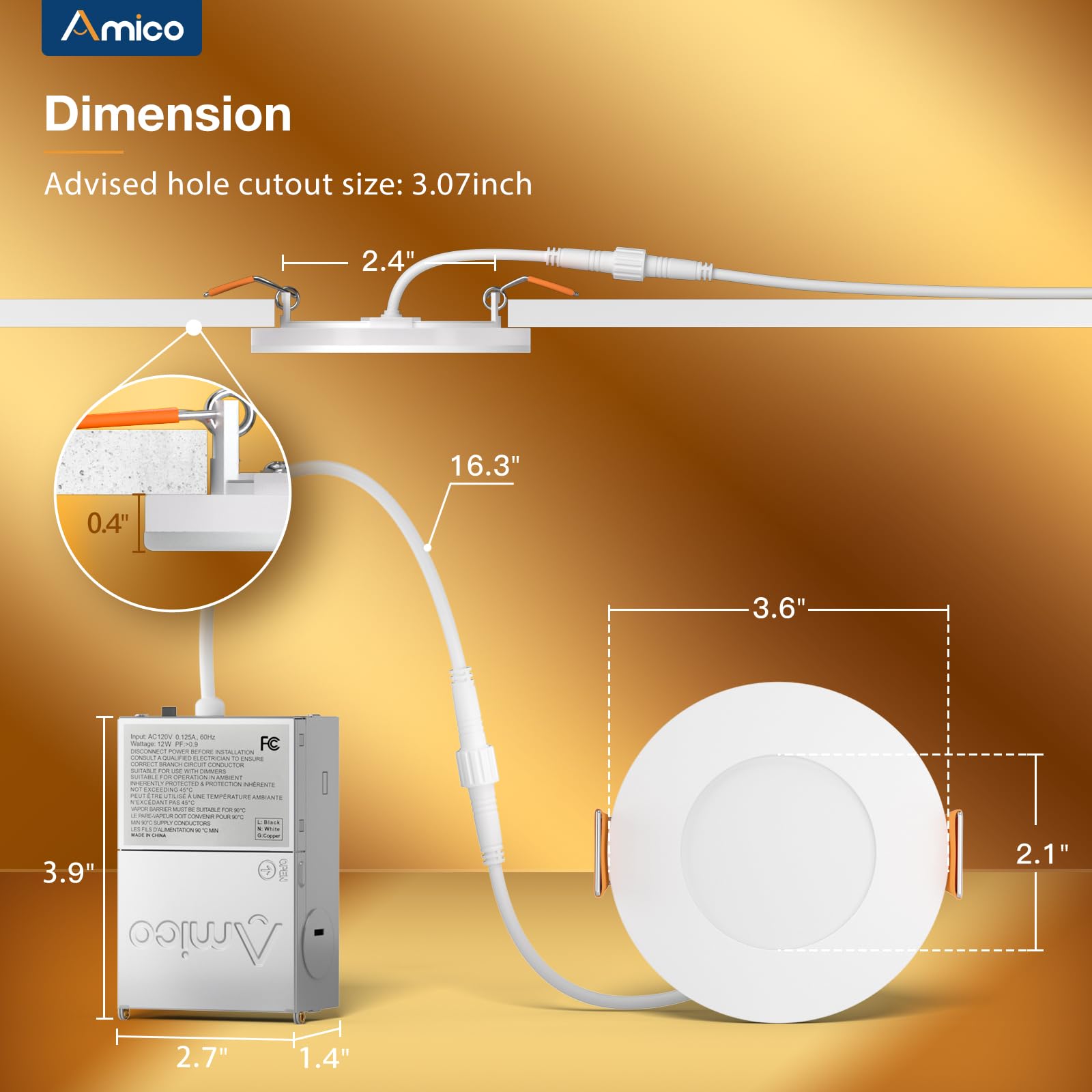 Amico 12 Pack 3 Inch 5CCT LED Recessed Ceiling Light, Dimmable, Ultra-Thin, 500LM, White, Model 3EJCT06SR