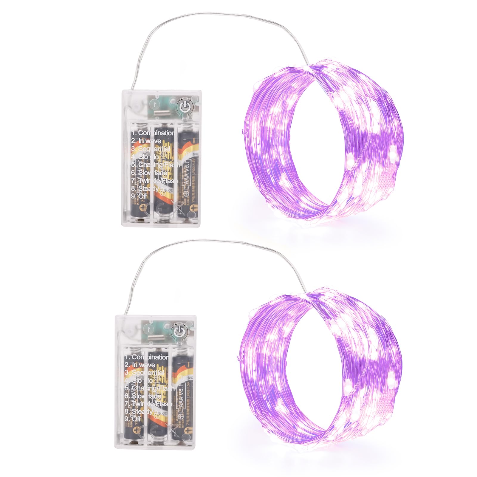 Sinamer Purple Fairy Lights Battery Operated (Included), 8 Modes & Auto Timer, 2 Packs 5M 50Led Mini Twinkle Silver Wire Firefly Starry Lights, Waterproof Battery Operated Lights For Wedding Parties