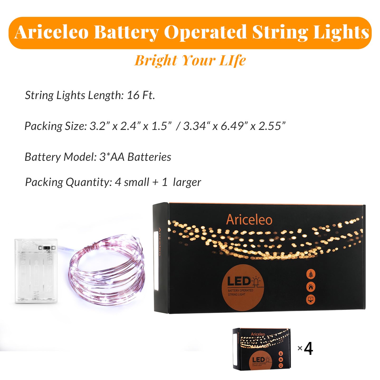 Ariceleo Led Fairy Lights Battery Operated, 4 Packs Mini Battery Powered Copper Wire Starry Fairy Lights for Bedroom, Christmas,