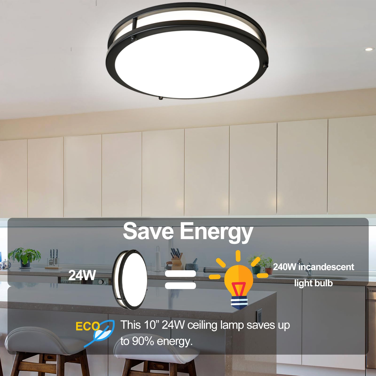 OOWOLF LED Ceiling Light, 10 Inch, 24W Brightness Adjustable, Black, 2-Pack, Model CT65NB2, Daylight White