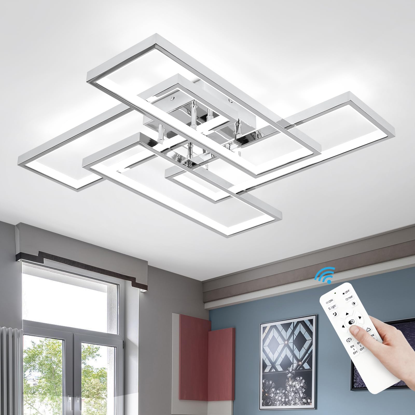 Sovinzert Dimmable LED Ceiling Light 26In Modern Chrome 4-Square Fixture with Remote Control for Living Room, Kitchen, Bathroom, Dining Room