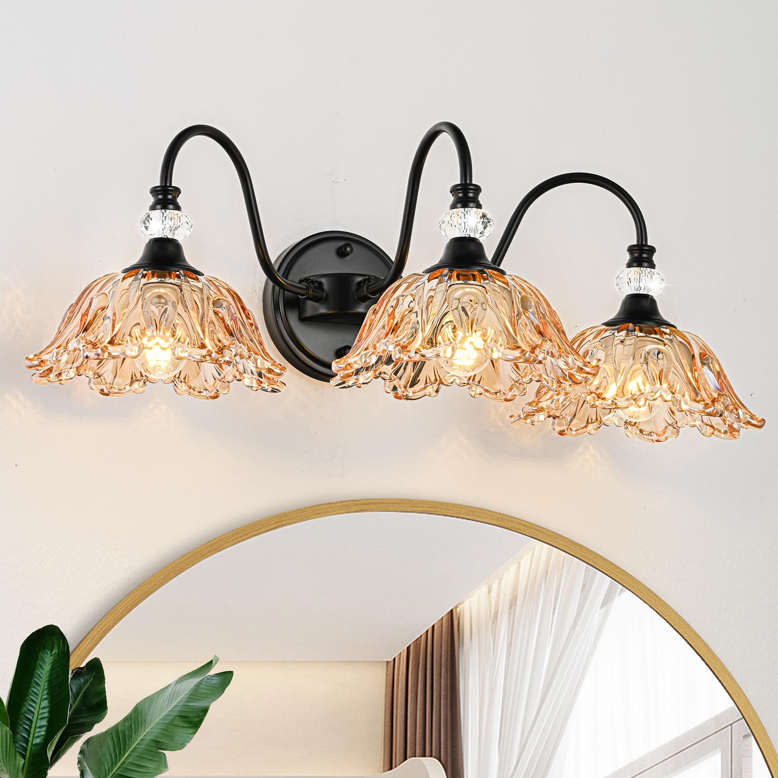 sunkryster 3-Light Bathroom Vanity Light, Black & Amber Floral Glass Shades, Vintage Farmhouse Wall Mount, Model Sun-104AB-3-Black-Amber