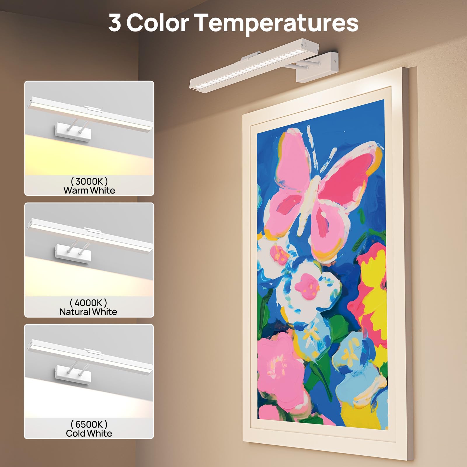 PESUTEN 16in Wireless Picture Light - Battery Operated, CCT Dimmable Art Light, Remote Control, White, Model PLHB1