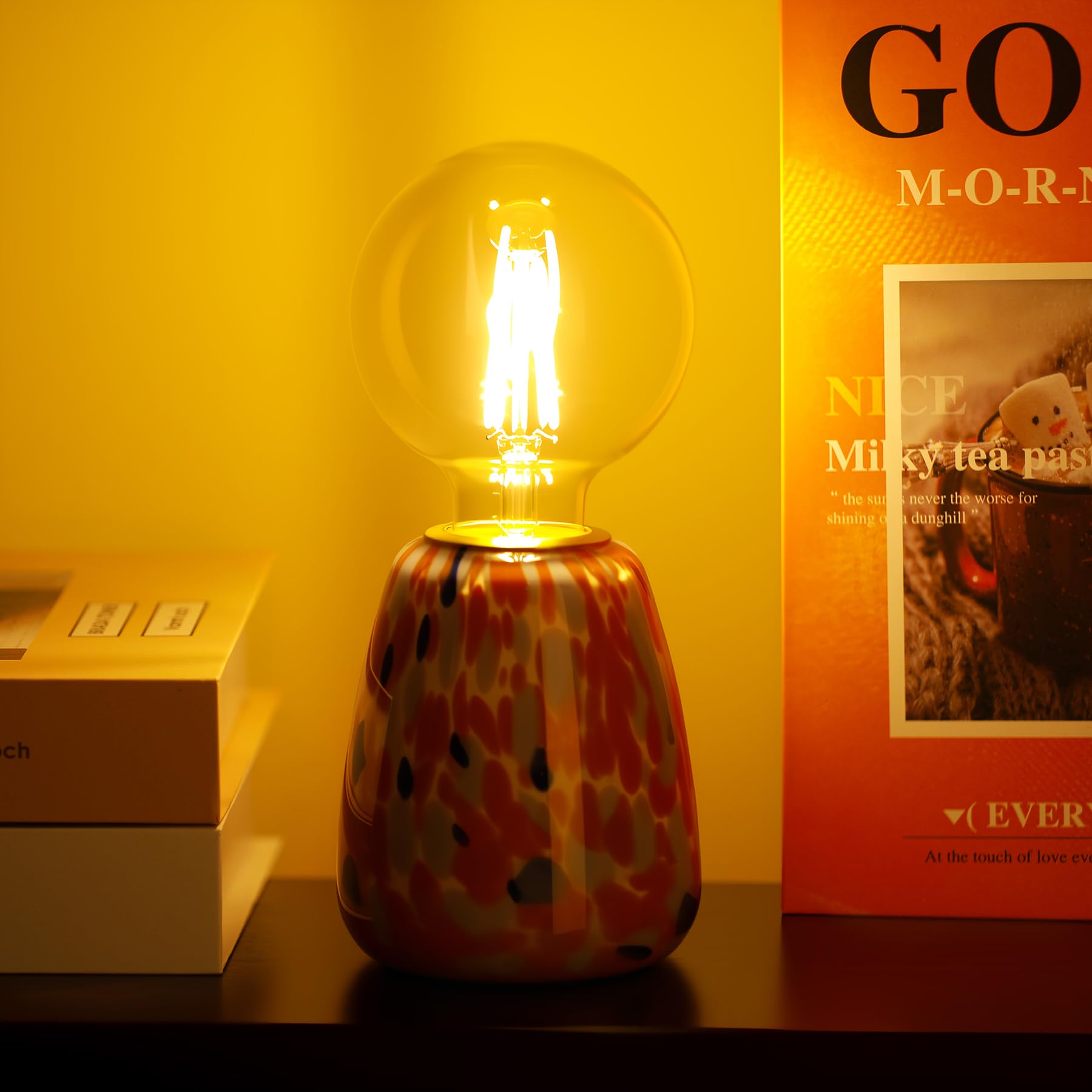 SYLW Mini Modern Glass Bedside Table Lamp  4 x 4 x 9 Inch Nightstand Lamps  with Spherical Bulb Round Side Table Lamps for Bedroom Living Room Entryway Night Light (Blue Red Glass Base)