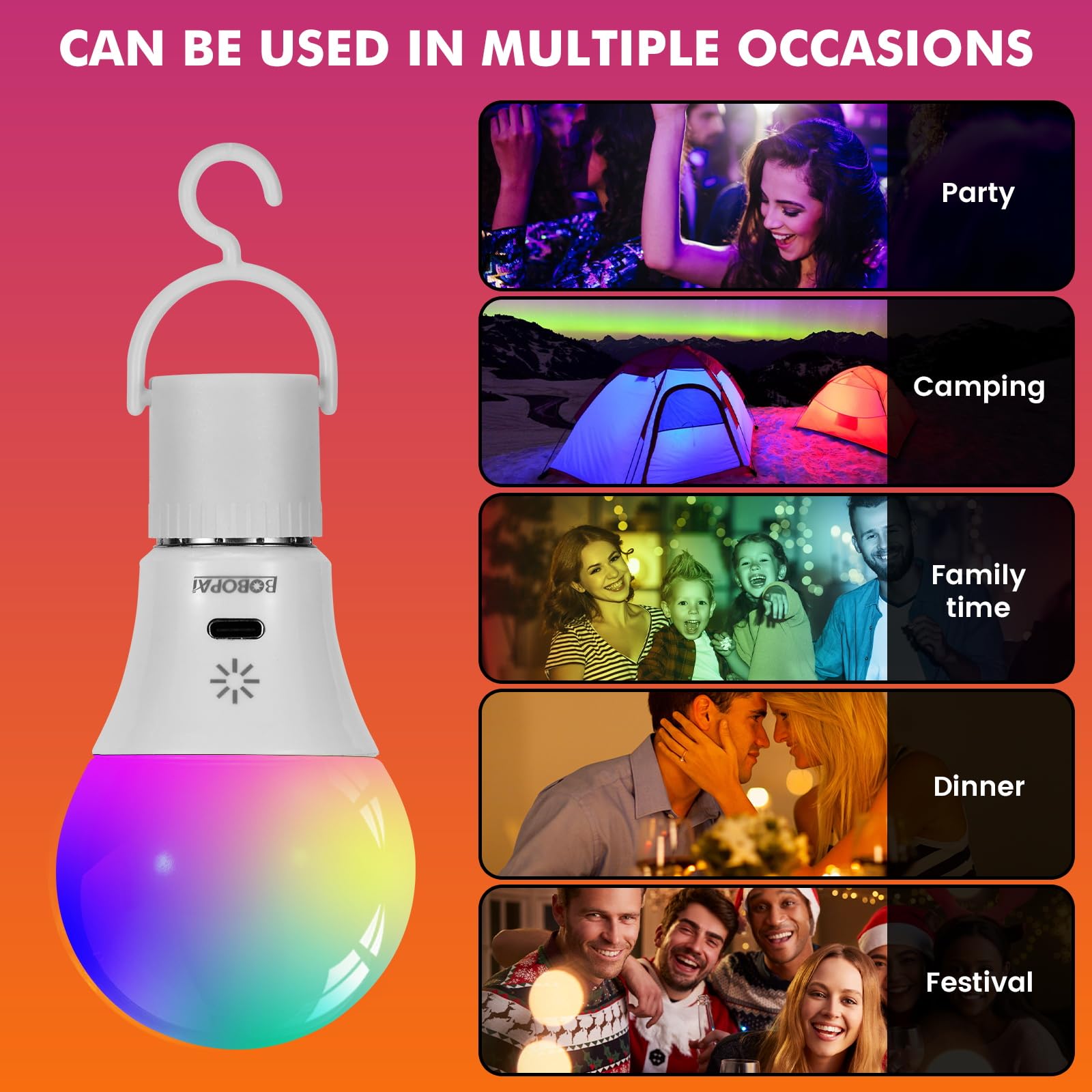BOBOPAI LED Rechargeable Light Bulbs - Remote & Touch Dimmable, 2 Pack, RGB, E26 Battery Operated, 2600mAh USB Backup, Timer