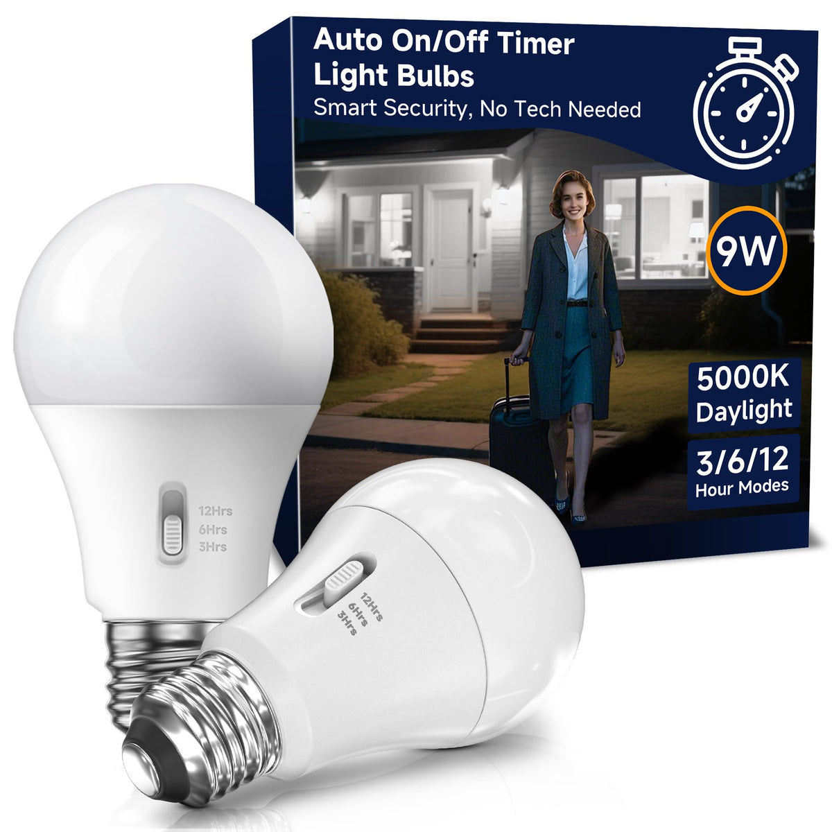 Unilamp Timer Light Bulbs Indoor: 9W (60W Equivalent) Led Bulb, Automatic Built-In Timer, 5000K Daylight A19, Automatic On/Off, 
