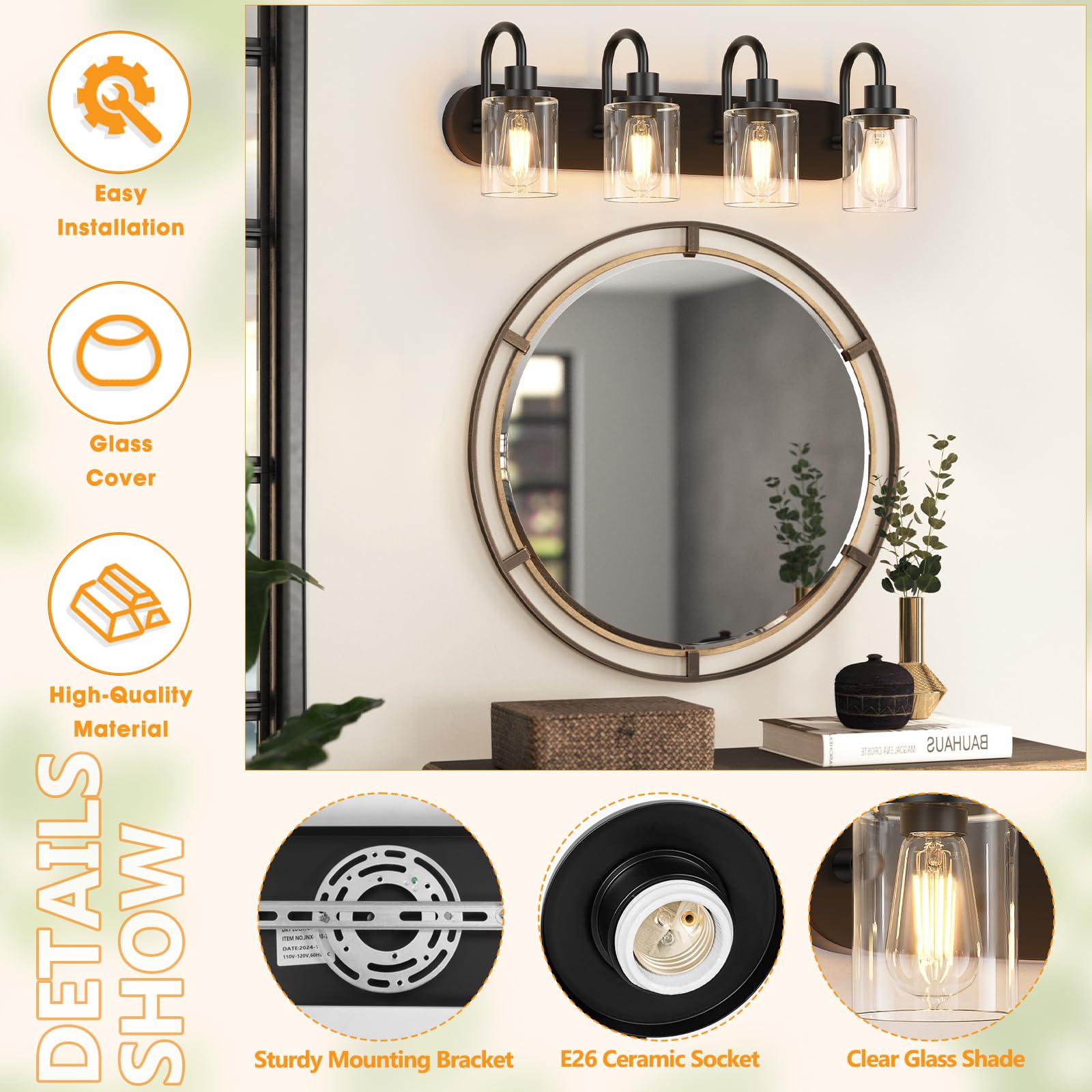 Baocuz 4-Light Vanity Lights For Bathroom, Modern Black Bathroom Light Fixtures Over Mirror, 23.6 Inch Bathroom Wall Sconces For