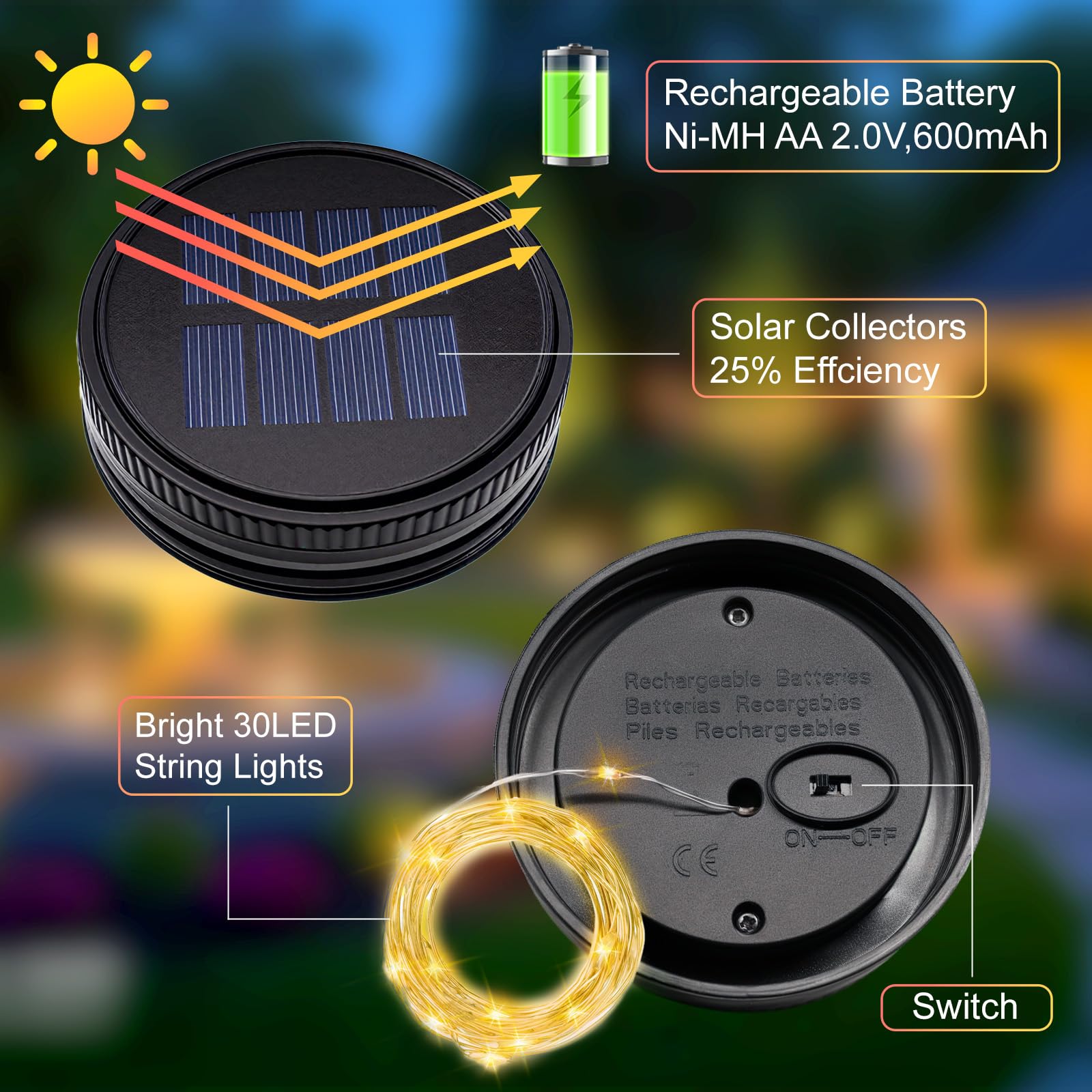 YJFWAL 6 Pack Solar Light Replacement Tops - Black Plastic Parts for Mason Jar Lanterns, Waterproof Outdoor Fairy Lights