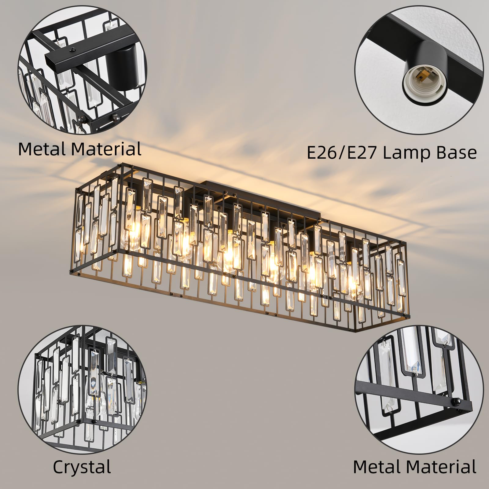 Garwarm 38.7" Modern Black Rectangle 6-Light Crystal Chandelier - Dining Room Flush Mount Light Fixture, Model TT-JD1002B-6