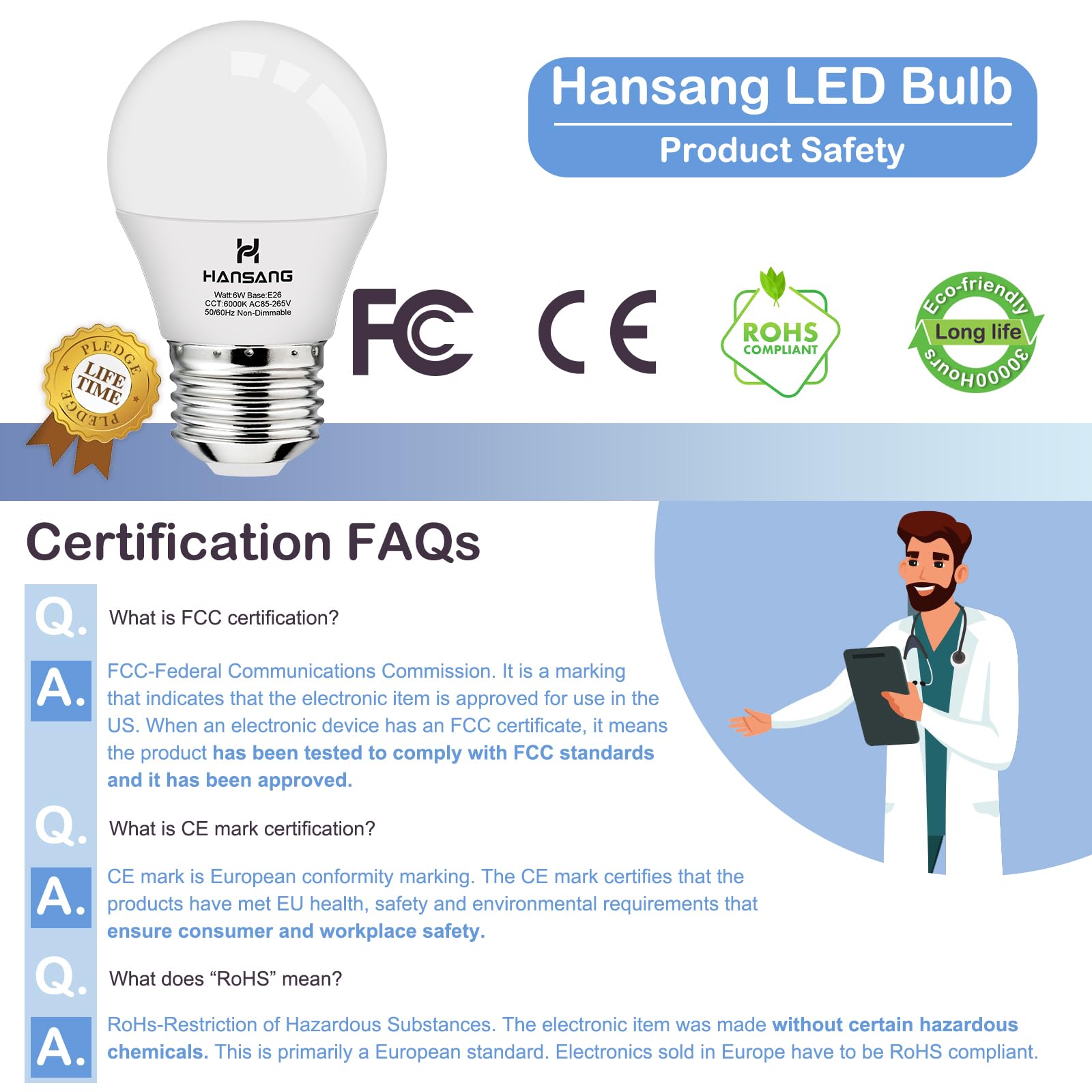 Hansang 8 Pack A15 Led E26 Small Light Bulb, Daylight 6000K, 60Watt Equivalent Ceiling Fan Light Bulbs, E26 Standard Base Applia
