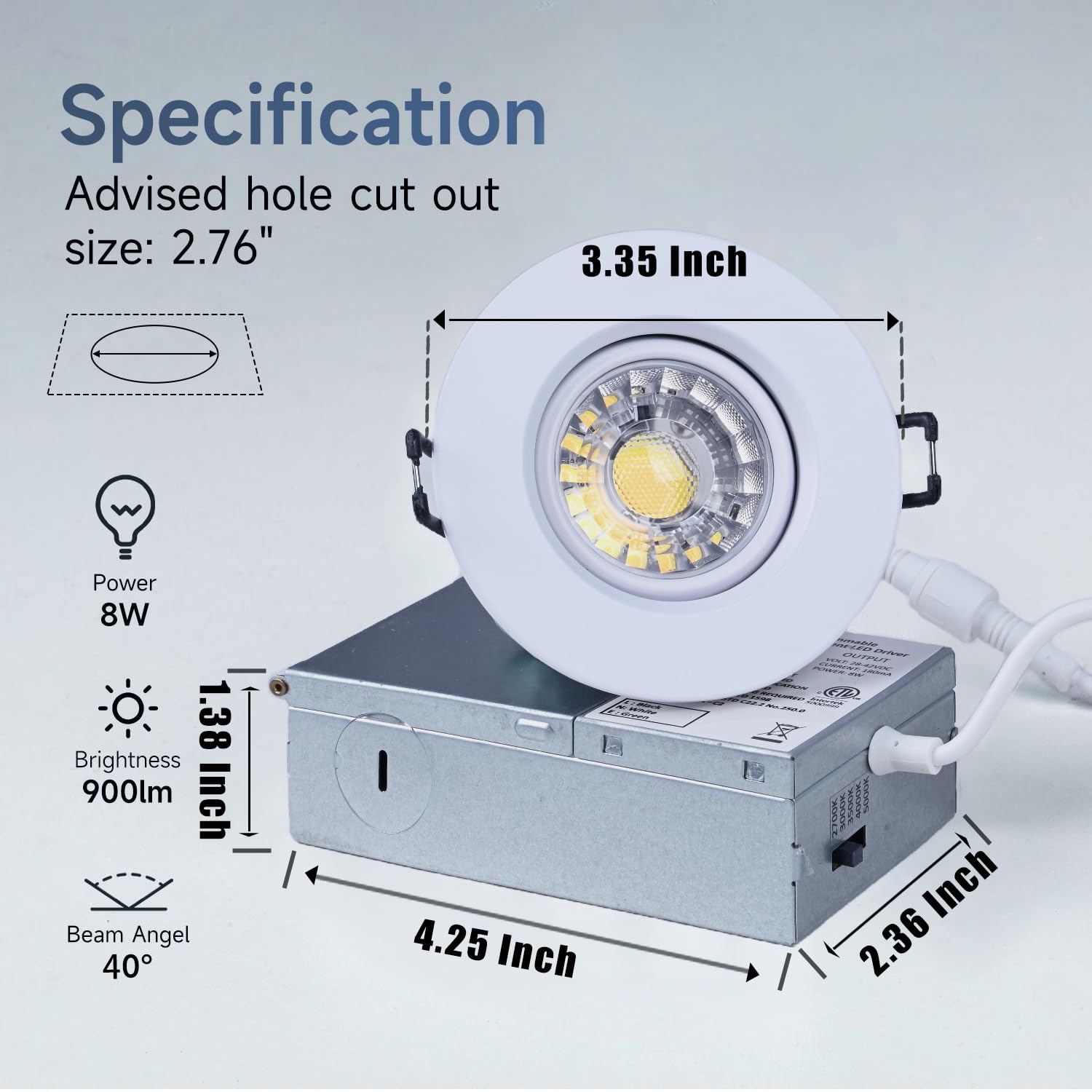 ZYC LED Recessed Lights 3 Inch 10 Pack Dimmable 8W 5 Color Options White Gimbal Model G-10P-3R ETL Listed