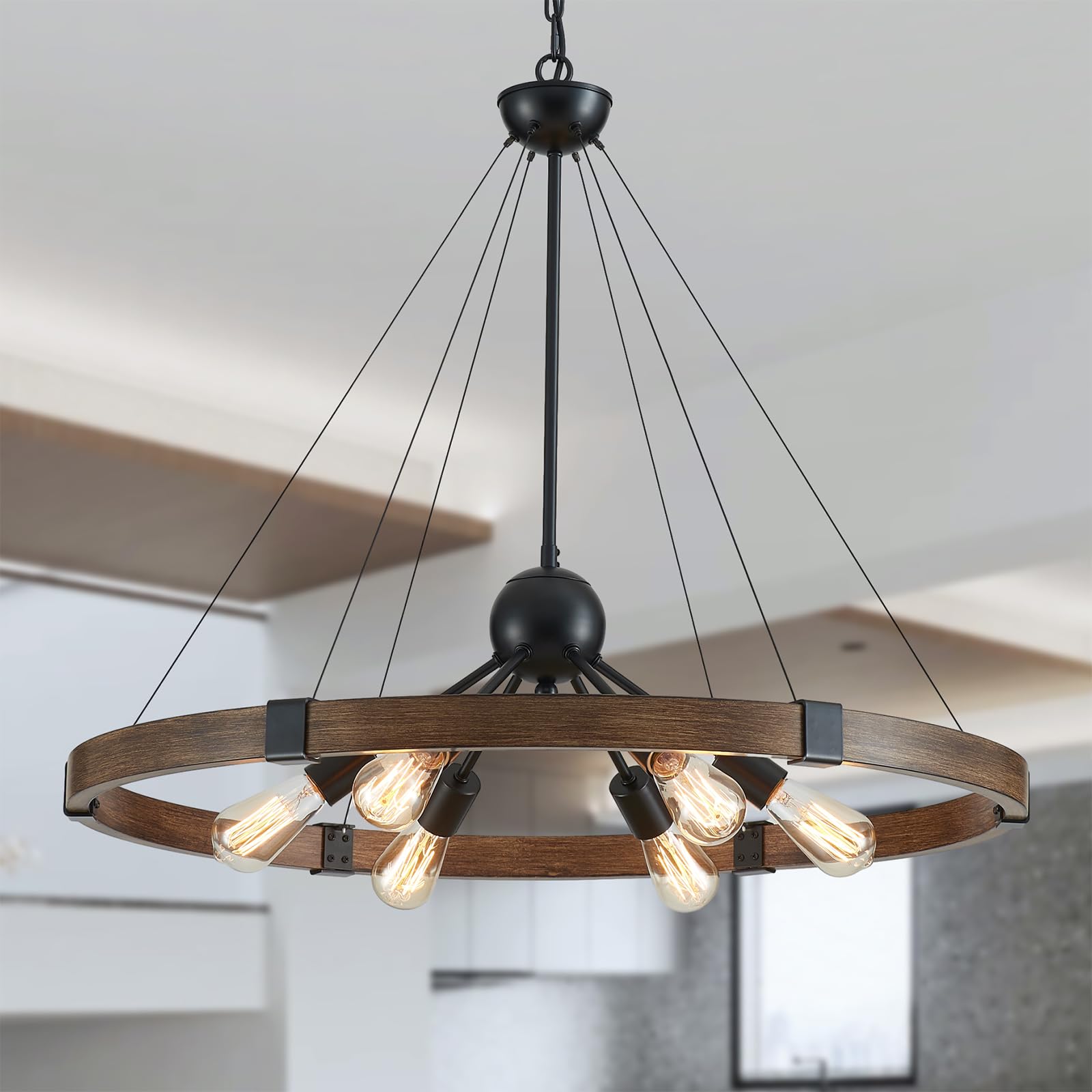 Xingqi 31.5" Wagon Wheel Chandeliers Large Modern Farmhouse Light Fixture, Black & Wood Grain Finish 6-Light For Dining Room Living Room Office