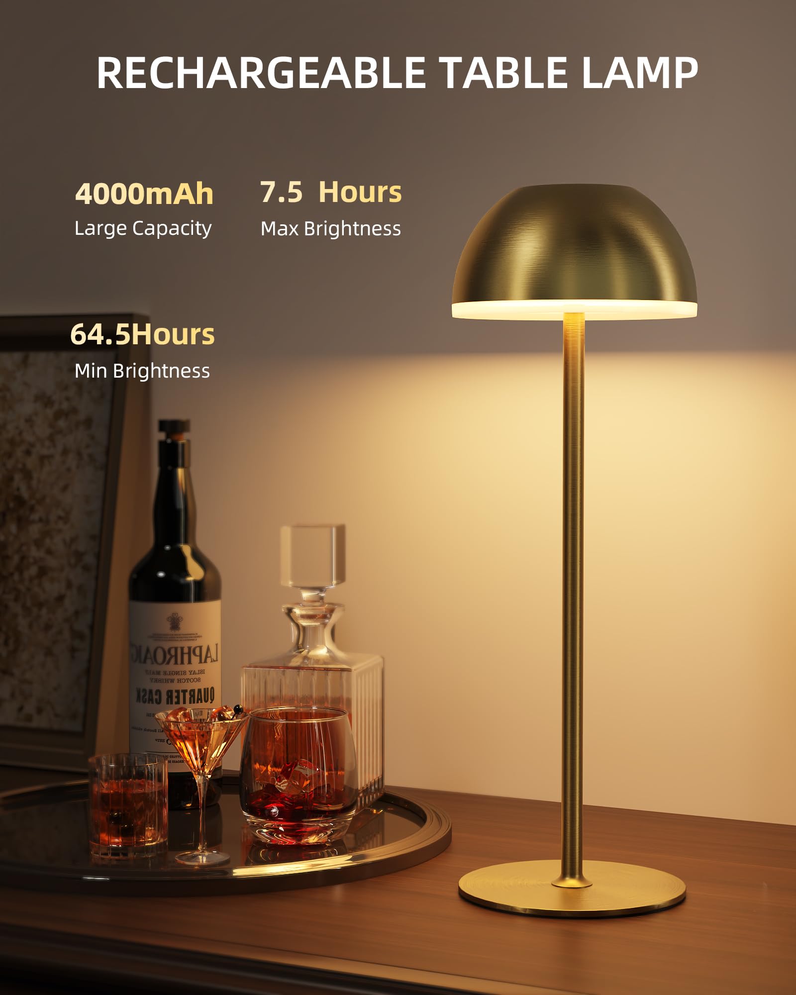 EZVALO Cordless Table Lamp, LED, Touch Control, Stepless Dimming, 2 Pack, Gold, Model TL02