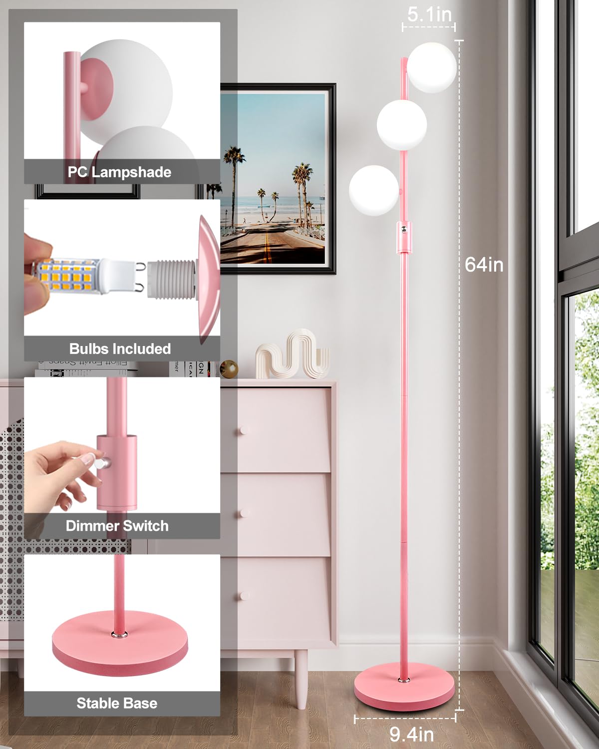 Lightdot Dimmable (Brightness Adjustable) Globe Floor Lamp, Pink Pole Standing Lamps With 3Pcs 3000K G9 Bulbs, Mid Century Moder