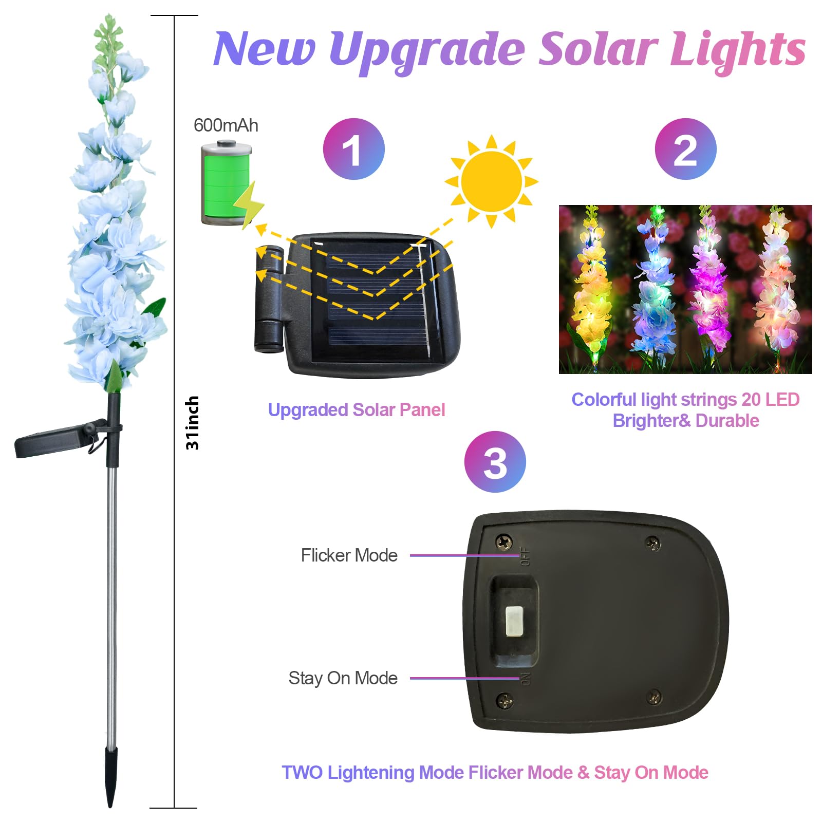 Solar Garden Lights, Solar Delphinium Flowers Lights Outdoor Garden Lights Solar Powered 4 Pack 80 Leds, Yard Decorations Outdoo