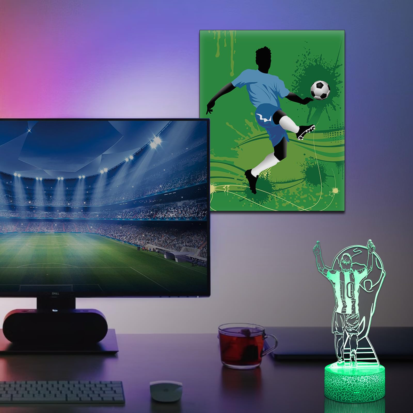 Daheyma Soccer Night Light For Kids, 3D Optical Illusion Mood Light 16 Color S Led Dimmable With Remote Room Football Decor, No.10 Argentine Soccer Lamp Gifts Toys For Boys Girls Teens Men