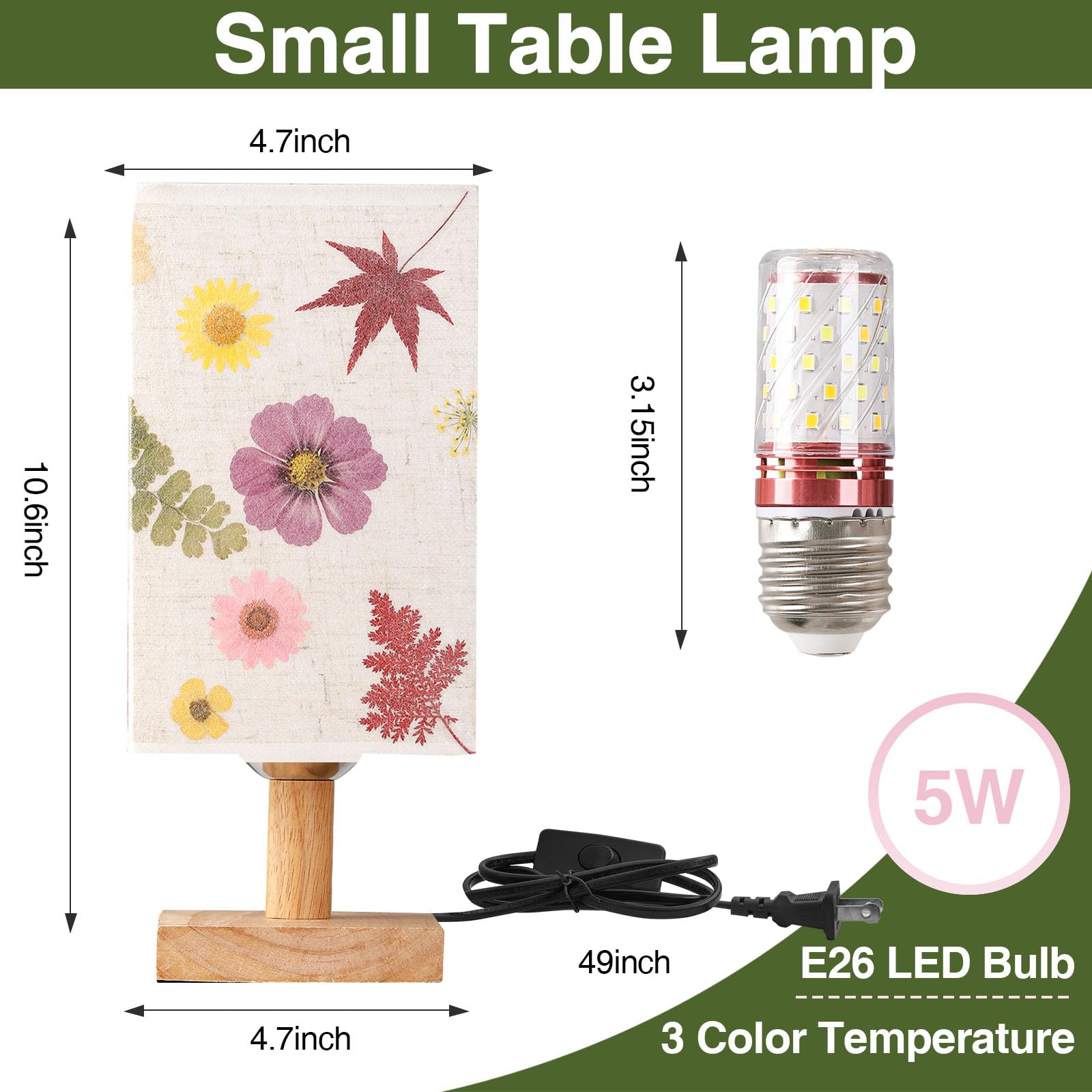 Floresita Dried Flowers Table Lamp 5W Led Pressed Flower Bedside Lamp Square Linen Shade 3Color Temperatures Table Lamp With Woo