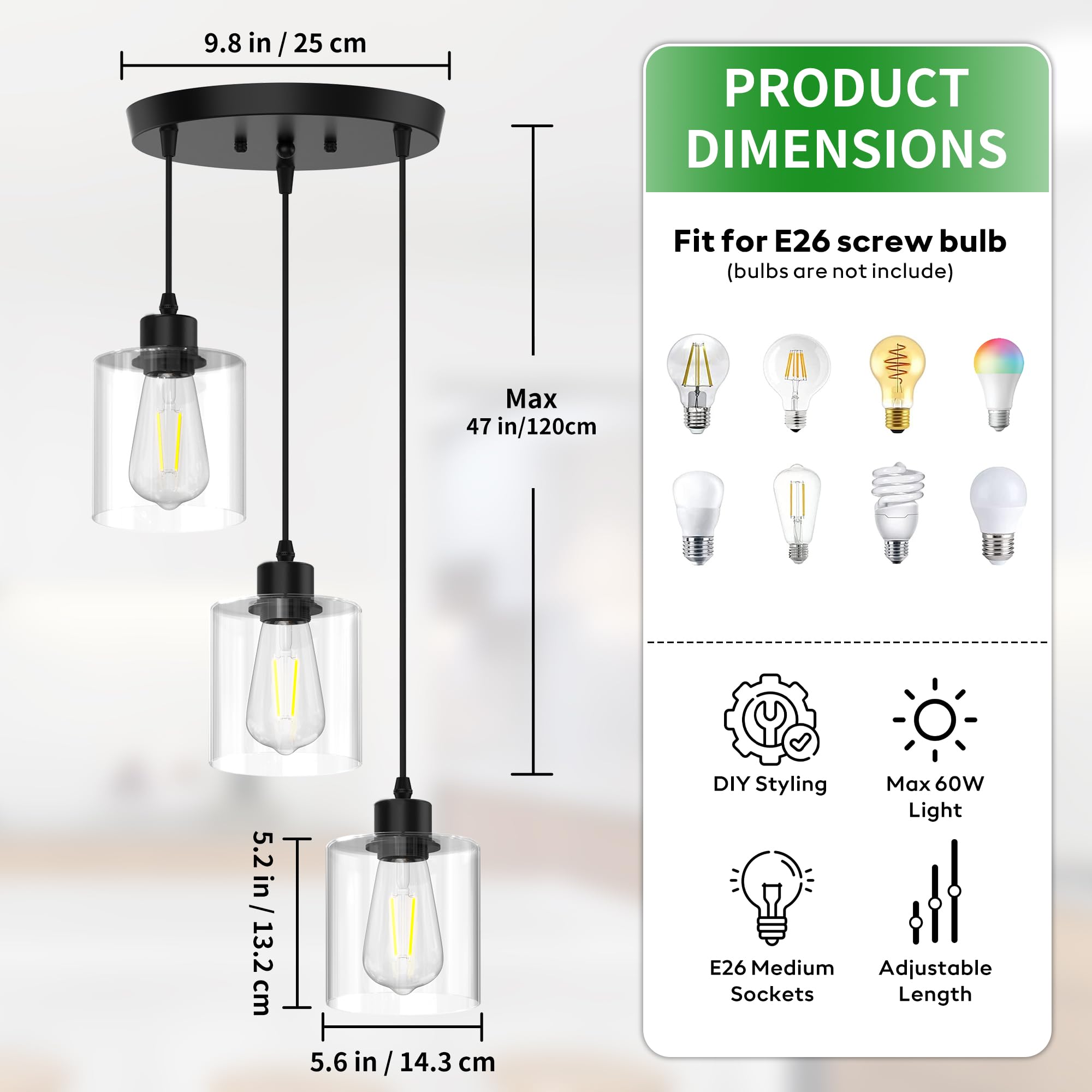 Phaosio 3-Light Pendant Lighting For Kitchen Island  Dining Room  Hallway  Foyer  Entryway  Matte Black Ceiling Light Fixture With Clear Glass And Upgraded 4.7 Shades