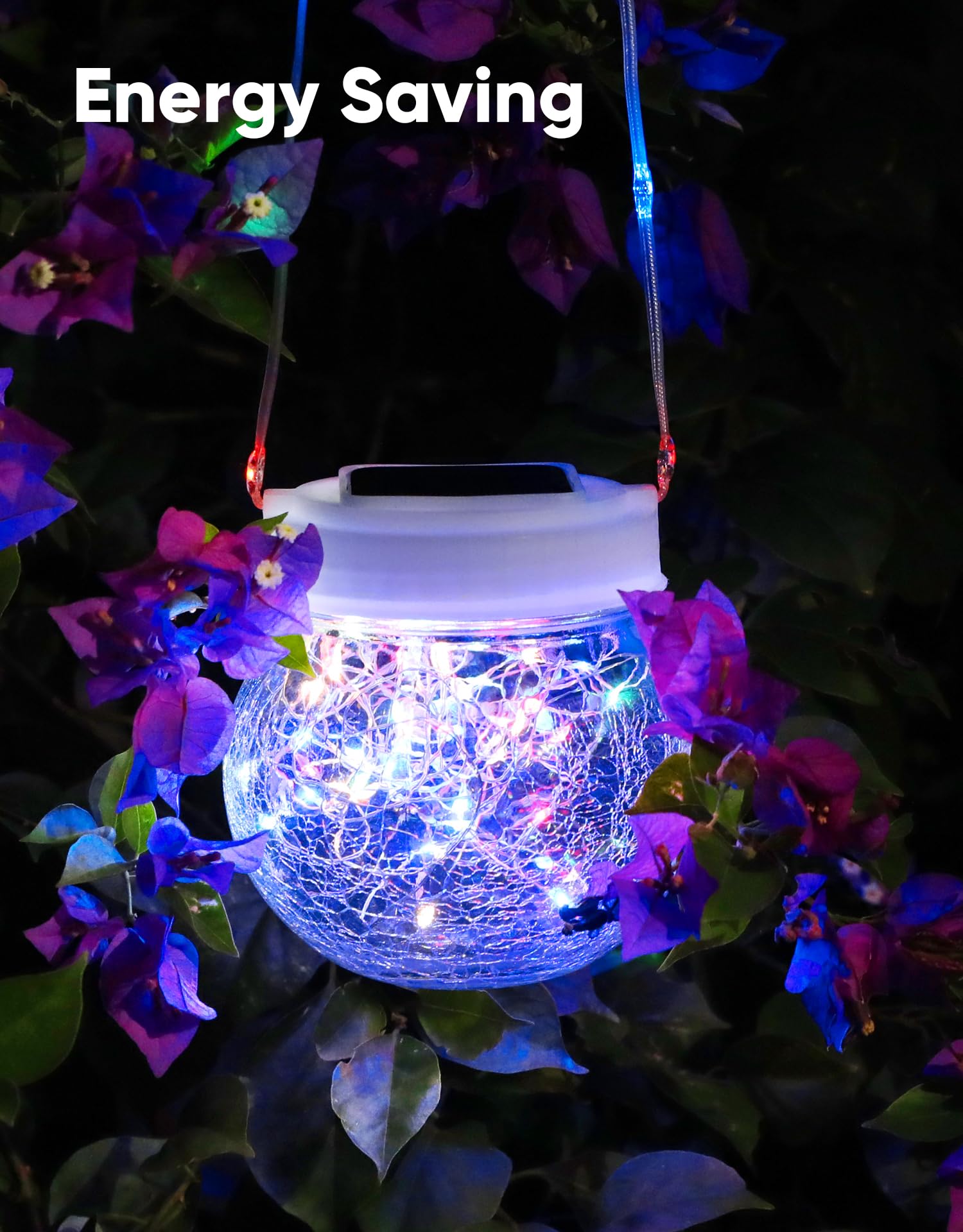 PARTPHONER Solar Lanterns 6-Pack - Waterproof Cracked Glass Hanging Lights, Multi-Color RGB, White Cap, Perfect for Outdoor Christmas Decor