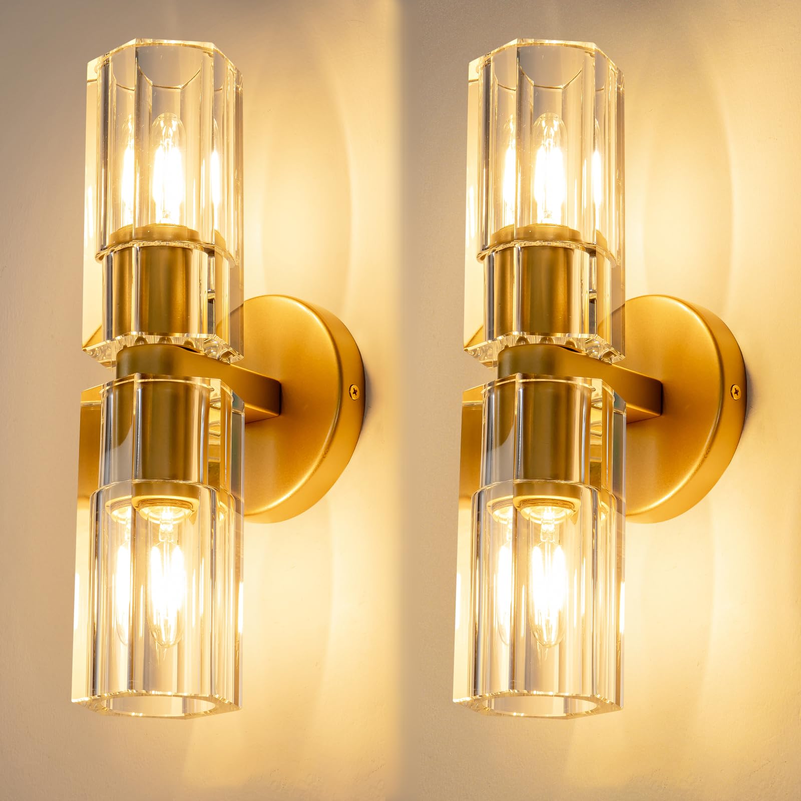 Plsintly Gold Crystal Wall Sconces Set Of Two  Wall Sconce Set Of 2  Brass Sconces Wall Lighting With K9 Crystal Lampshade  Wall Lights For Bedroom Living Room Bathroom Hallway