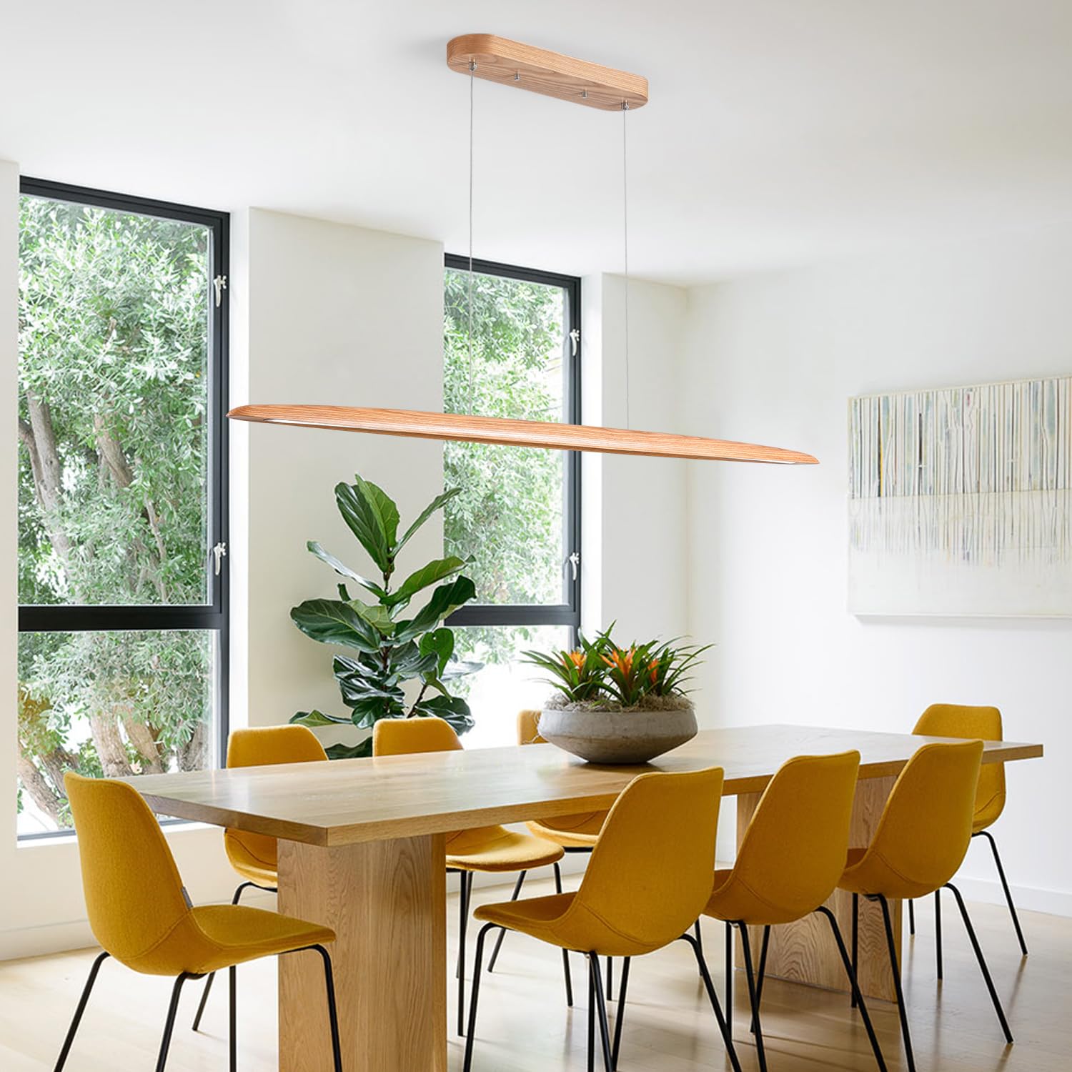 Yisdesign 39'' 24W Wood Led Linear Pendant Light Fixture Led Dining Room Light Dimmable Hanging Light Fixture For Dining Room Ki