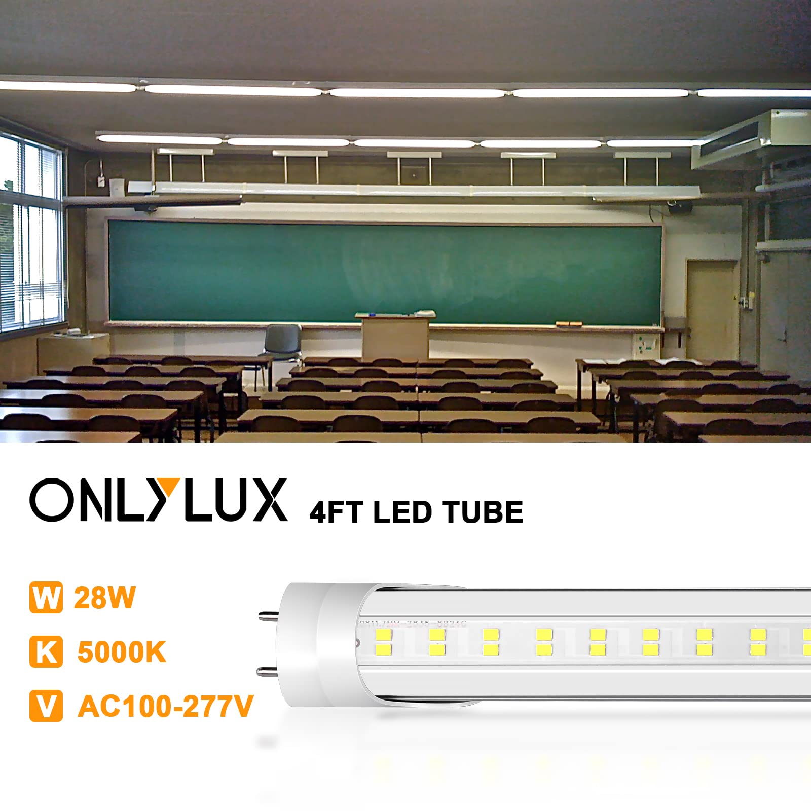 ONLYLUX 4ft LED Tube Lights 24-Pack, 28W 5000K Daylight T8/T10/T12 Fluorescent Replacement, Clear Lens