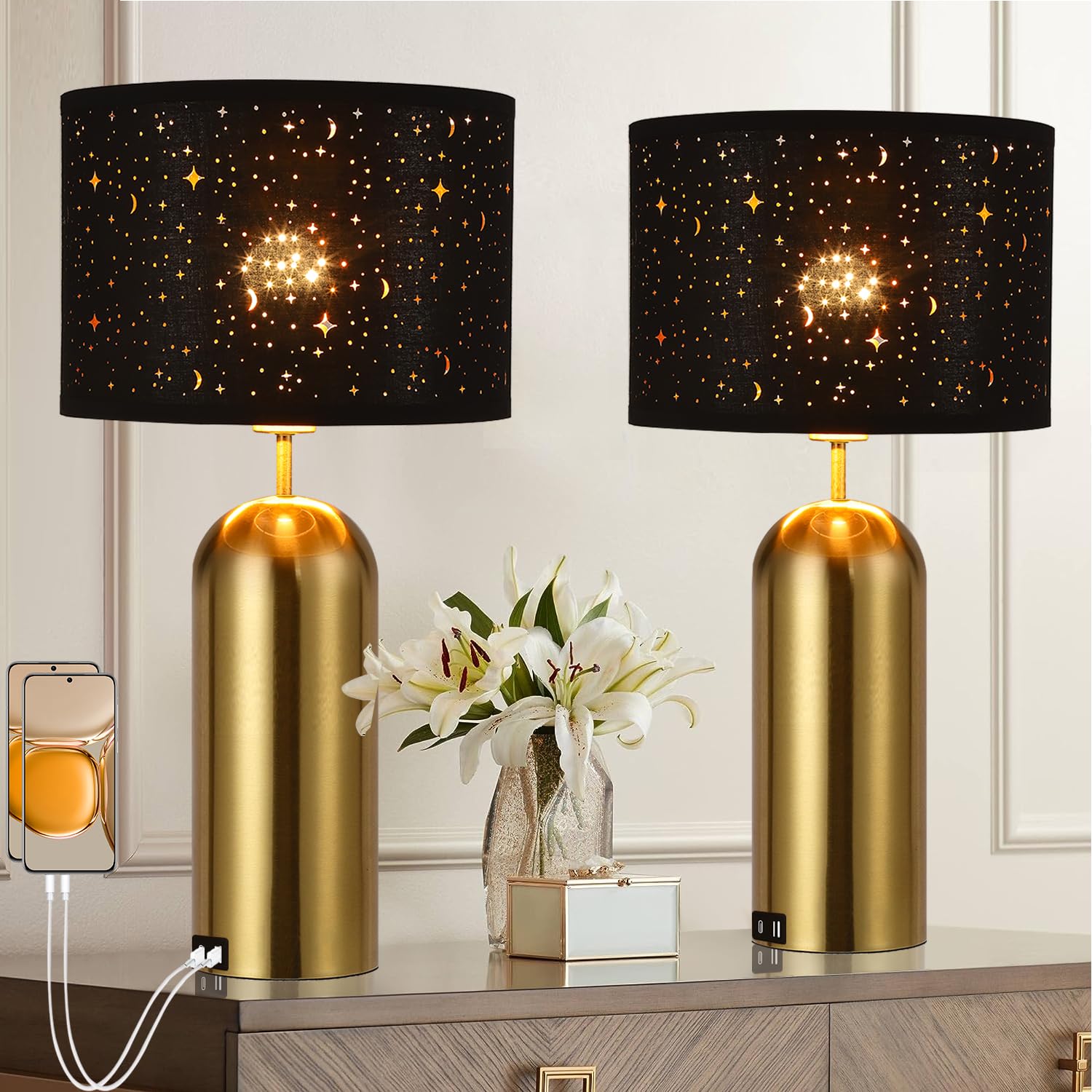 Touch Control Lamps Set of 2 Gold Table Lamps 3-Way Dimmable with USB A+C Ports Tall Modern End Table Lamps for Living Room Beds