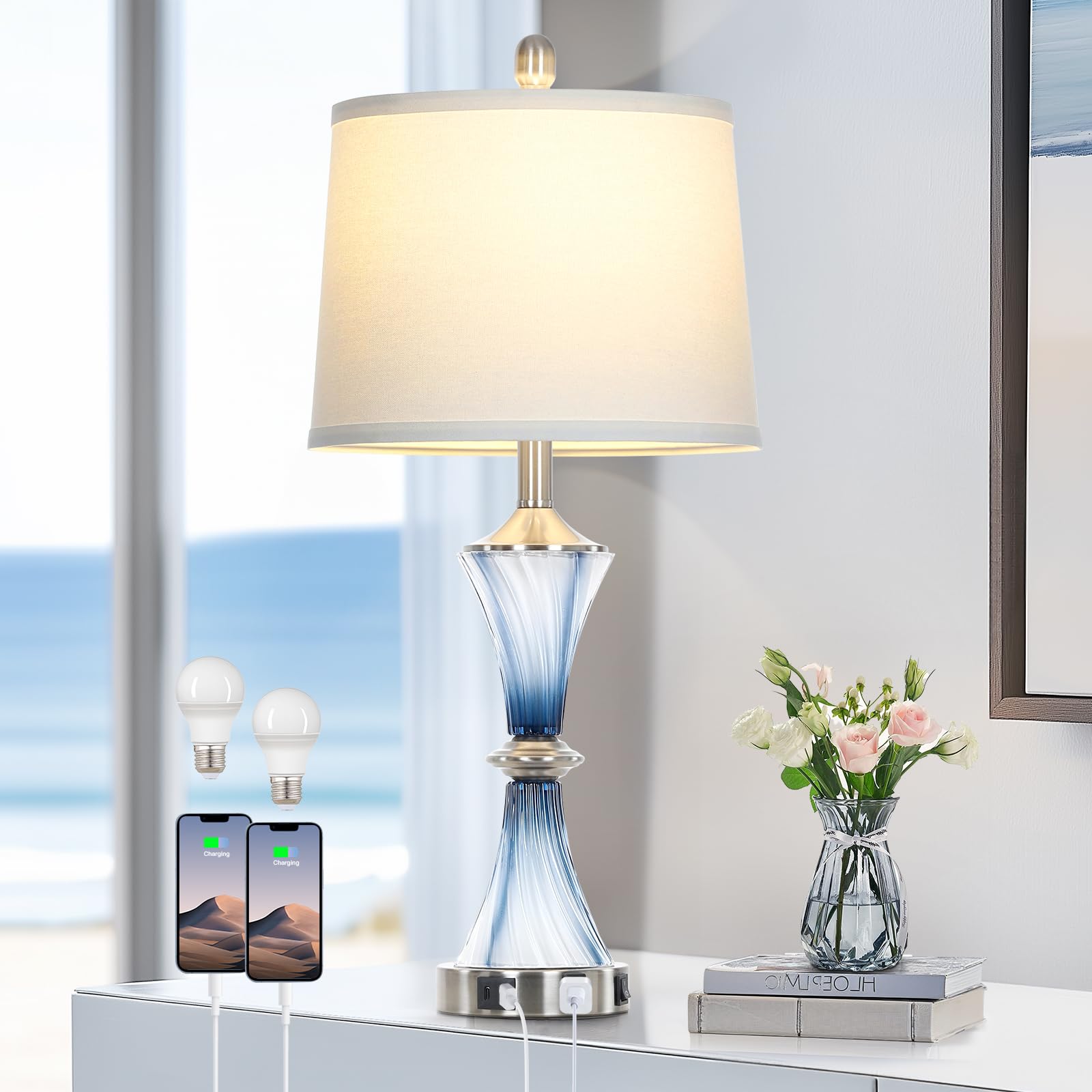 Rinweey Blue Glass Table Lamp With Usb C+A Ports & Ac Outlet,Coastal Bedside Lamp For Night Stands Bedroom Living Room,Nightstan