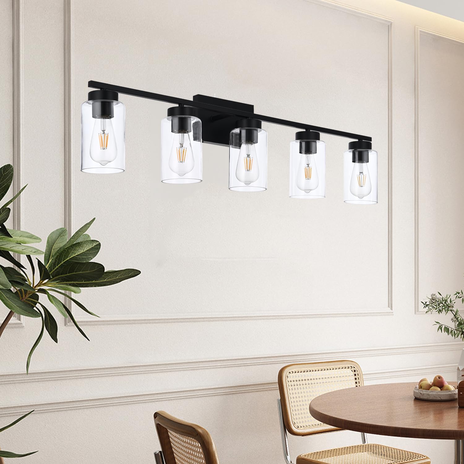 A1A9 5 Light Bathroom Vanity Light Fixtures, Matte Black Modern Wall Lights With Clear Glass Shade, Vintage Wall Sconce Lighting