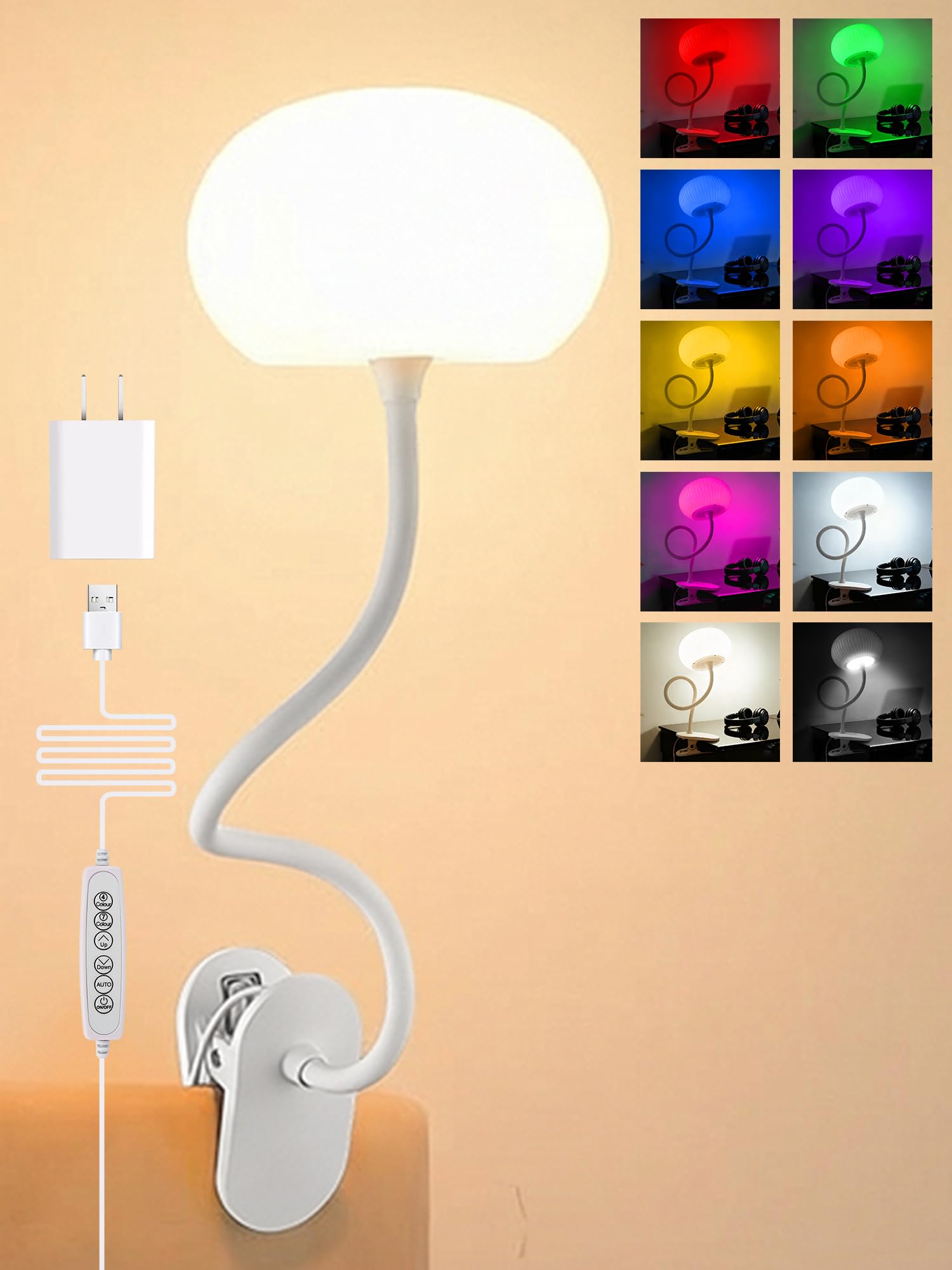 ReinHoo Clip on Light,10 Colors RGB & Warm White Cute Desk Lamp with Clamp, 10 Brightness Dimmable Night Light for Kids/Toddler/