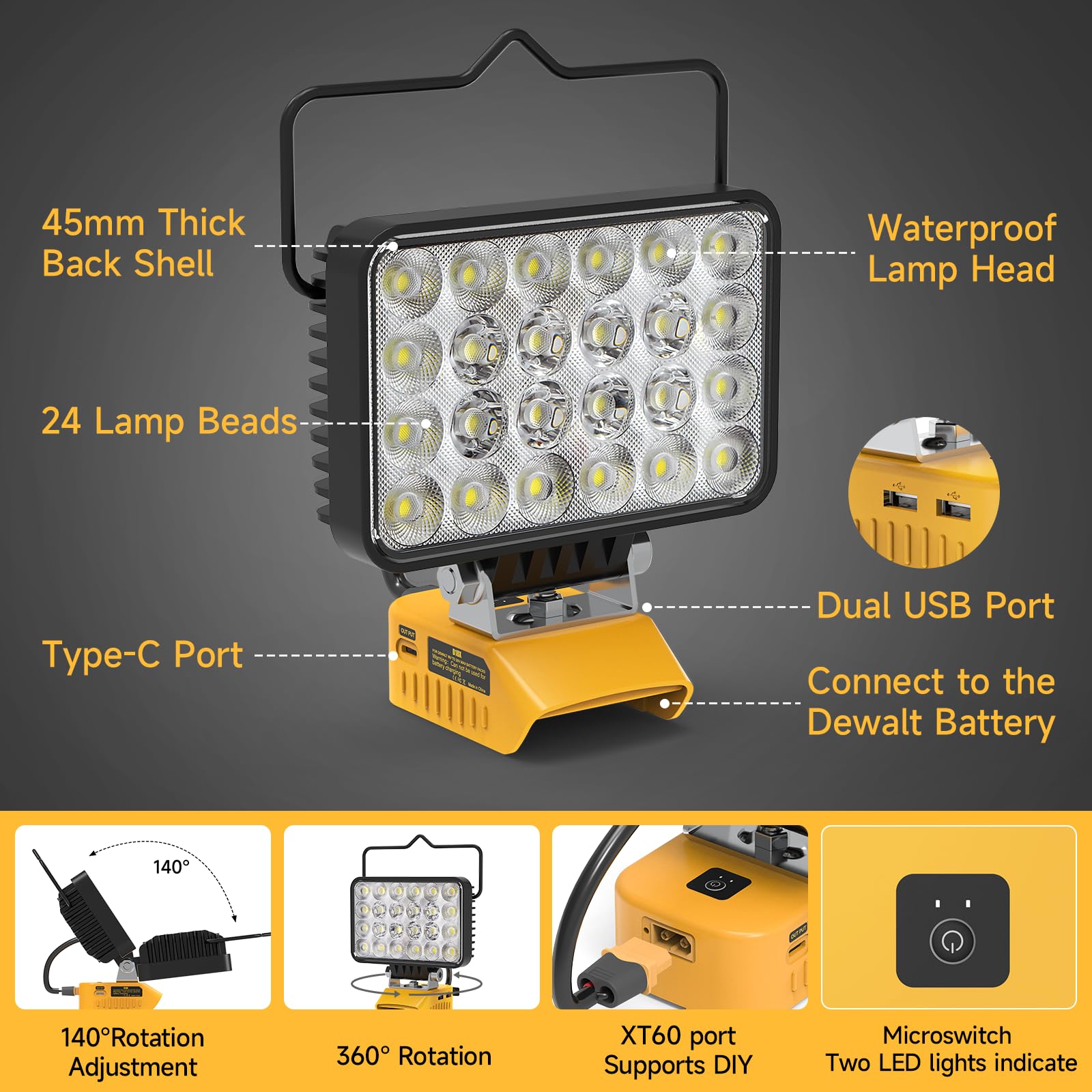 Azocek New Upgrade Led Work Light Compatible With Dewalt 20V Battery, 72W 7200Lm Flashlight, 20V Battery Cordless Work Light Wit
