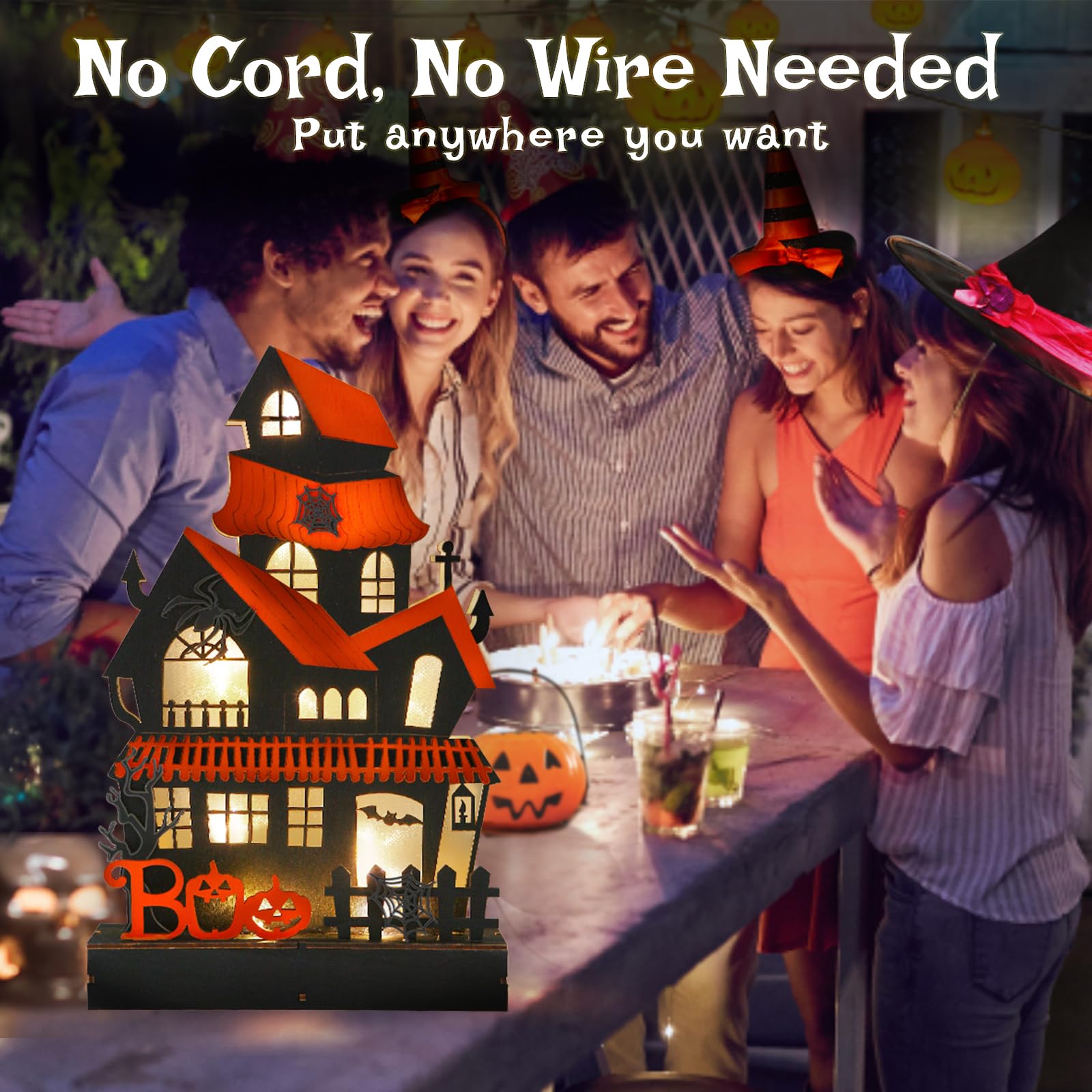 Halloween Decorations Indoor Haunted House Lights, Wooden Halloween Tabletop Decoration For Home, Battery Operated Light Up Halloween Decor For Desk Table Fireplace Room Halloween Party Decoration