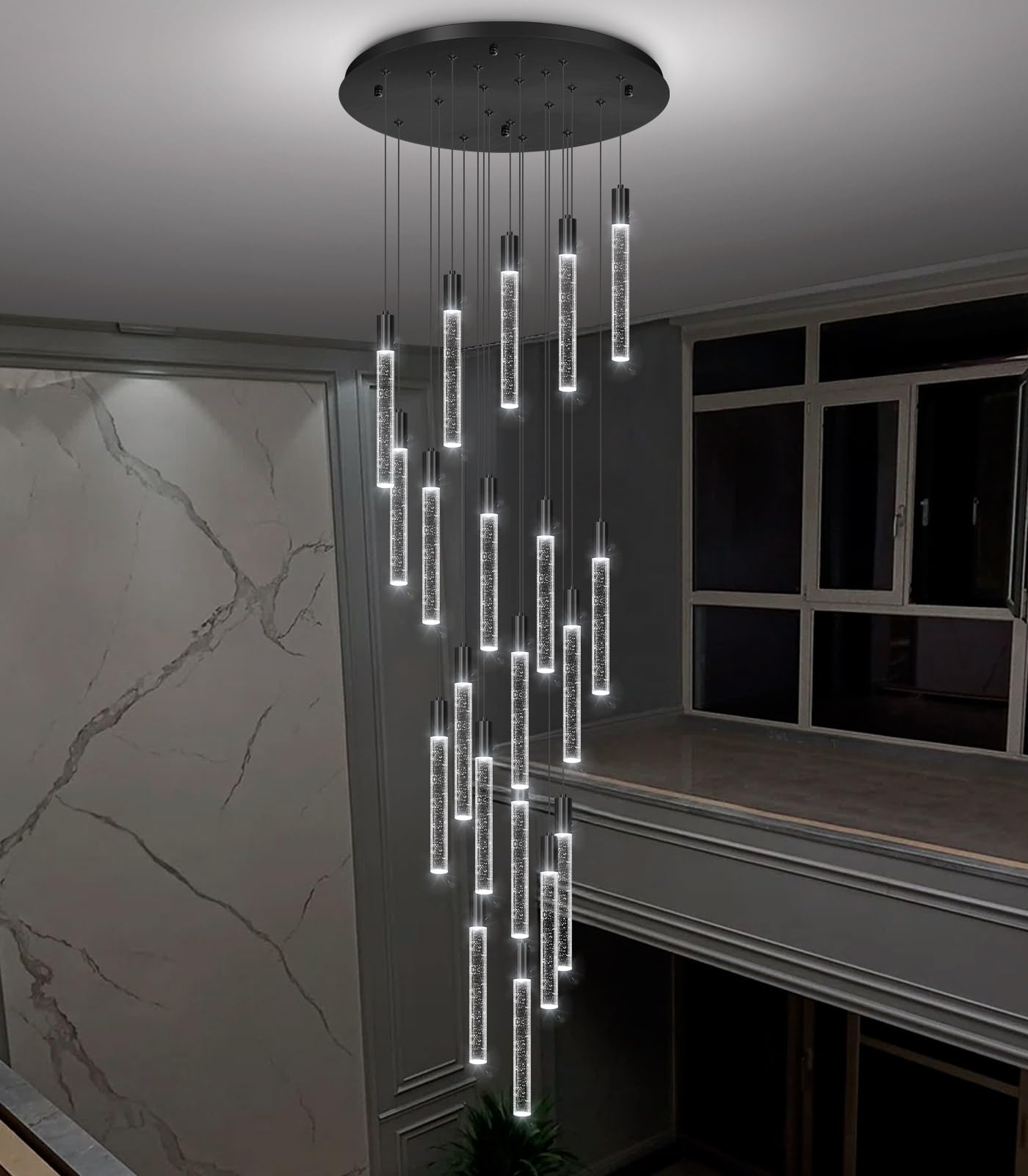 HAIXIANG 13FT High Ceiling Chandelier, Modern Crystal Pendant Light, 20-Lights, Black, Dimmable, Flush Mount for Living Room Foyer, Model MMQ3810
