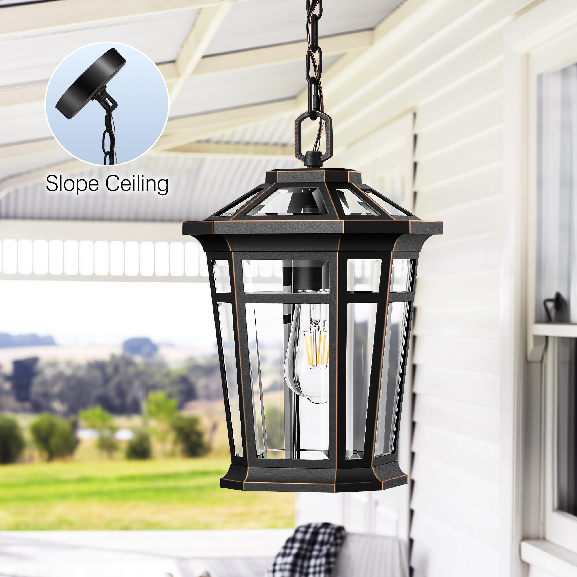 VIANIS Large Outdoor Pendant Light, Black & Gold Aluminum Chandelier, Adjustable Chain, Tempered Glass, Model V8309M