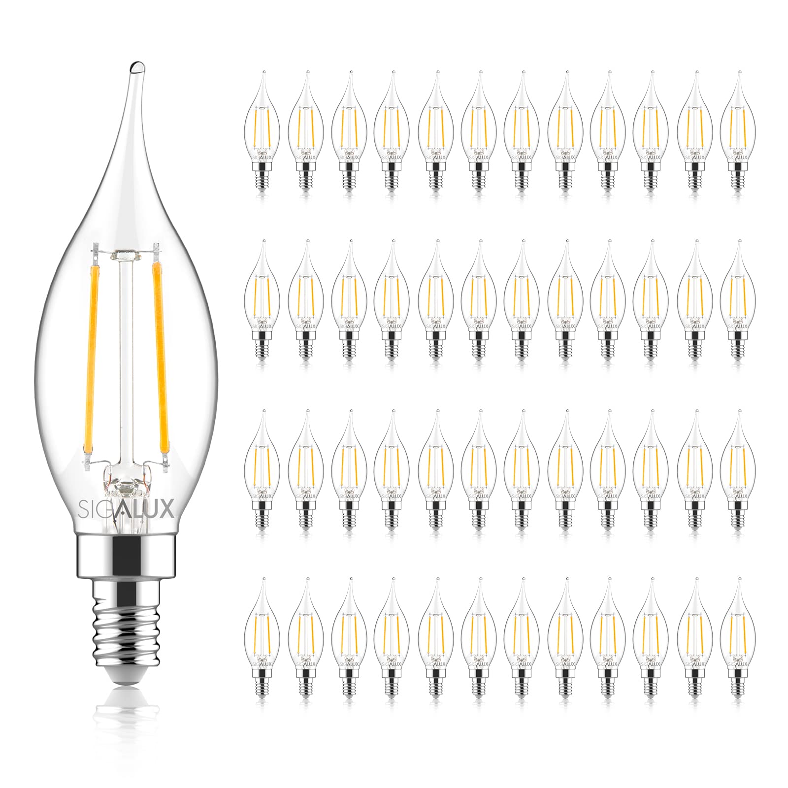 Sigalux E12 Candelabra Bulbs, 40W, Dimmable, CA10 Flame Tip, 2700K Soft White, 48 Pack