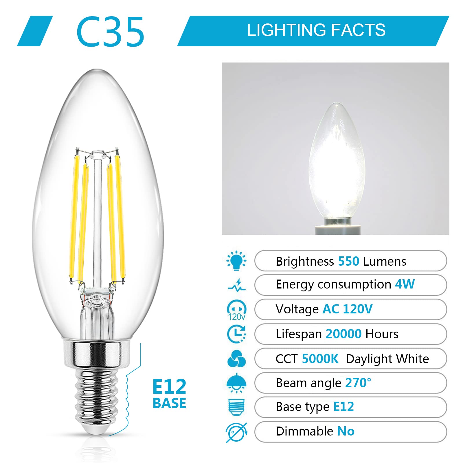 Ascher E12 Candelabra LED Light Bulbs 60W Equivalent 550 Lumen Daylight White Pack of 5