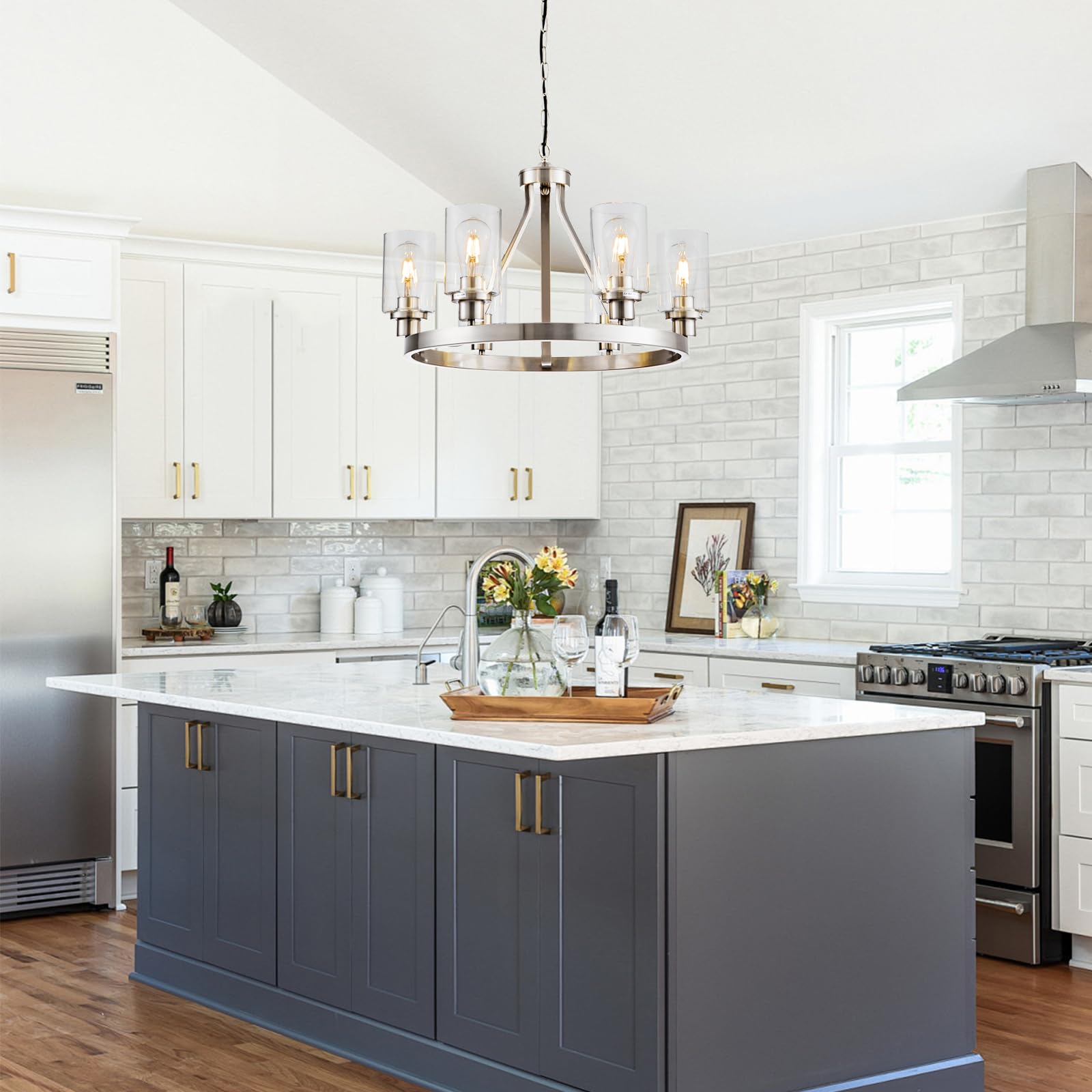 Hccz 6-Light Brushed Nickel Wagon Wheel Chandelier With Glass Shade For Dining Room & Living Room