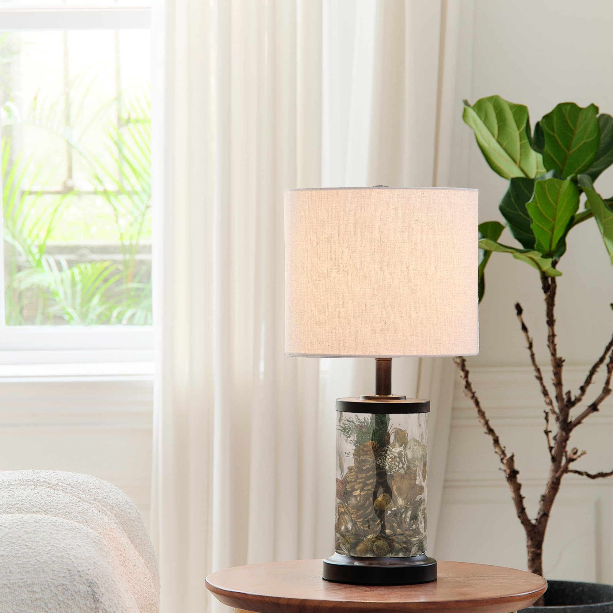 Globe Electric 61000044 20'' Fillable Watered Glass Table Lamp, Oil-Rubbed Bronze Base, Beige Linen Shade, Black Cord, On/Off Ro