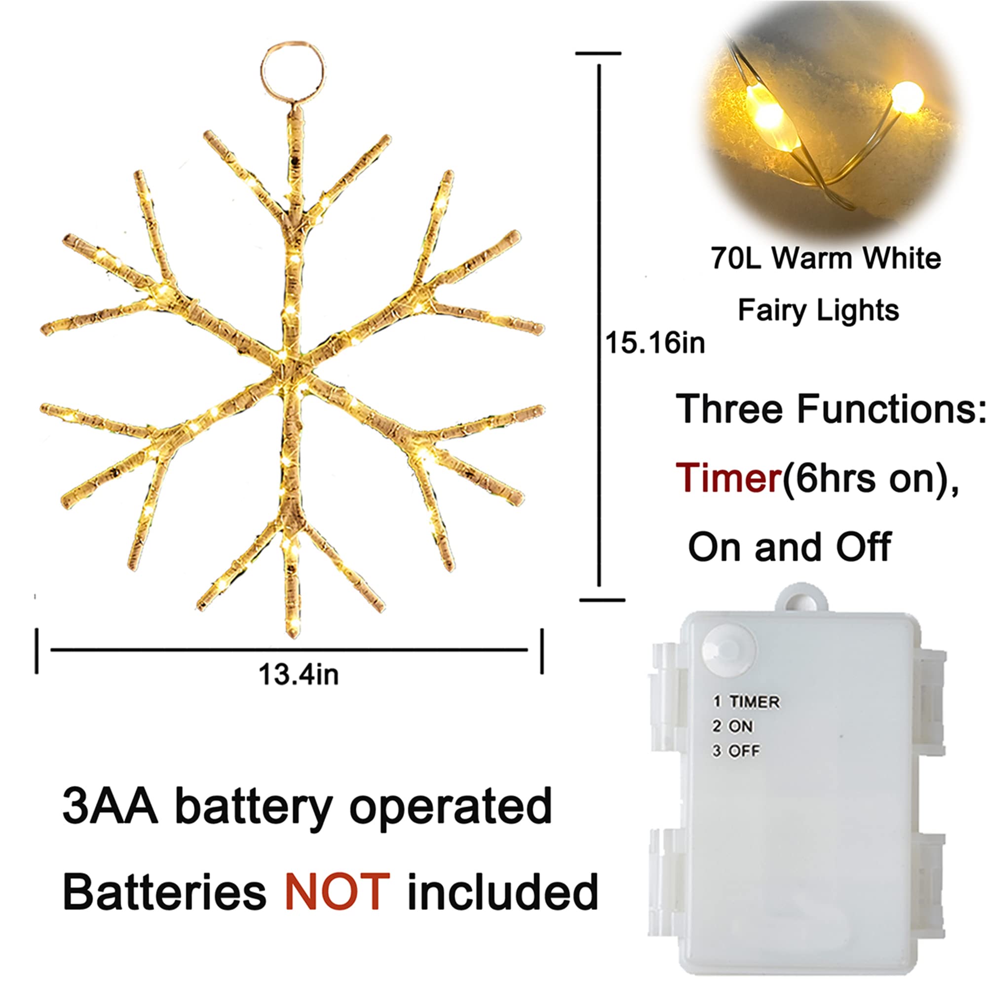 LITBLOOM Lighted Snowflake Fairy Lights 2 Pack, 70 LEDs, 14in, Battery Operated with Timer, Indoor/Outdoor Christmas Decoration