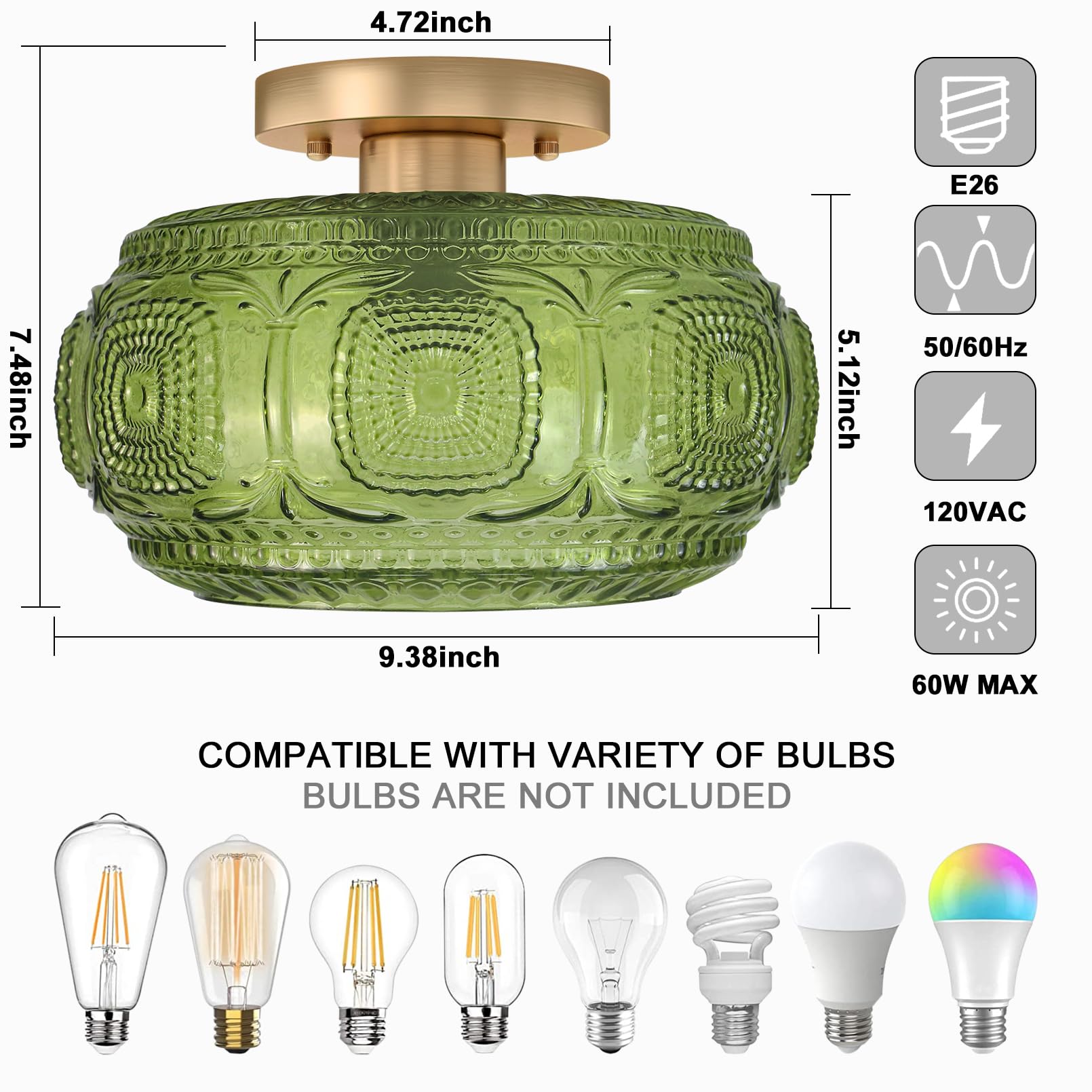 OYKYOHEI Semi Flush Mount Ceiling Light, Green Glass Fixture, 9.38" Art Deco Design for Hallway, Bedroom, Bulb Not Included