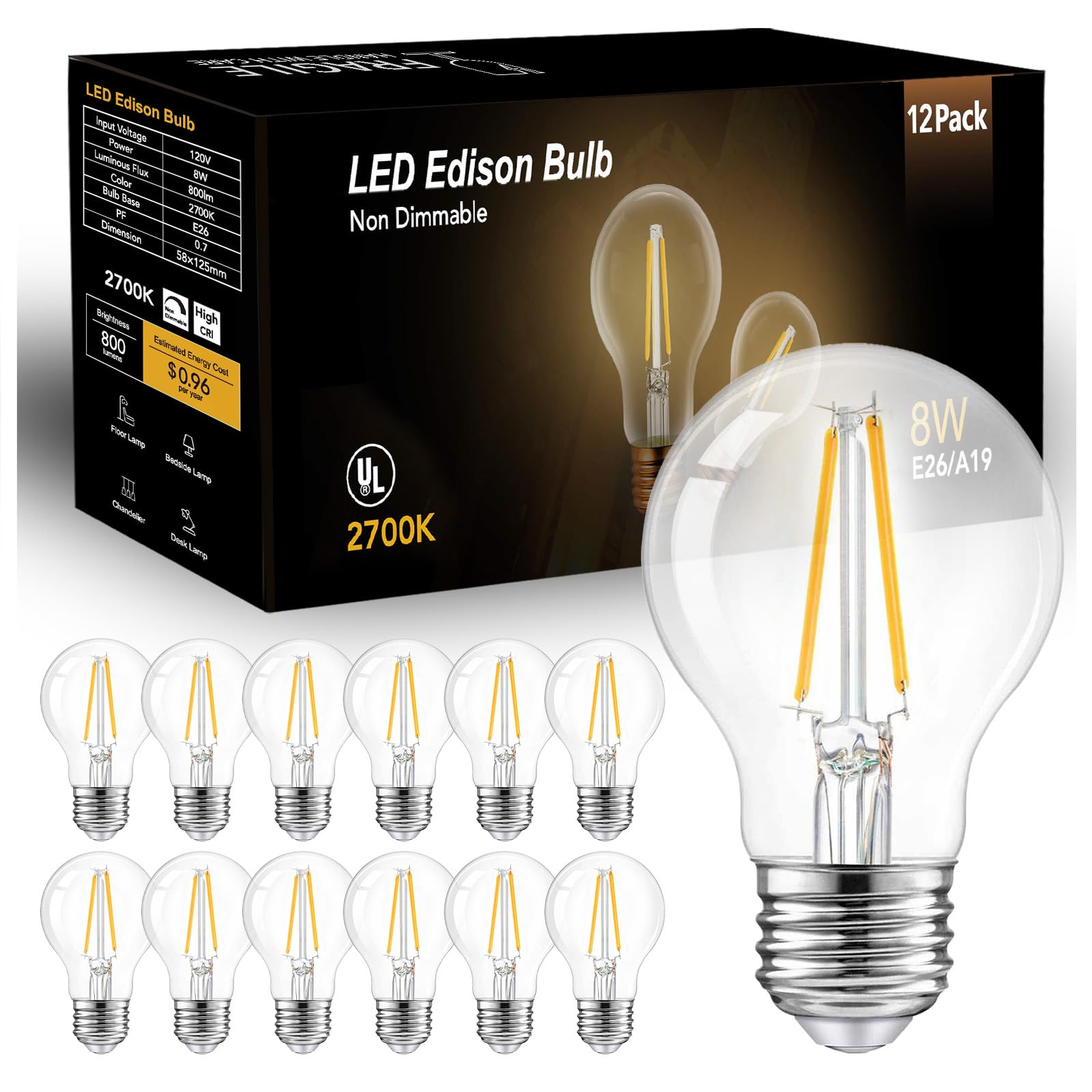 dalattin A19 Vintage LED Edison Bulbs, 8W, 800 LM, 2700K Soft White, Clear Glass, E26 Base, 12 Pack