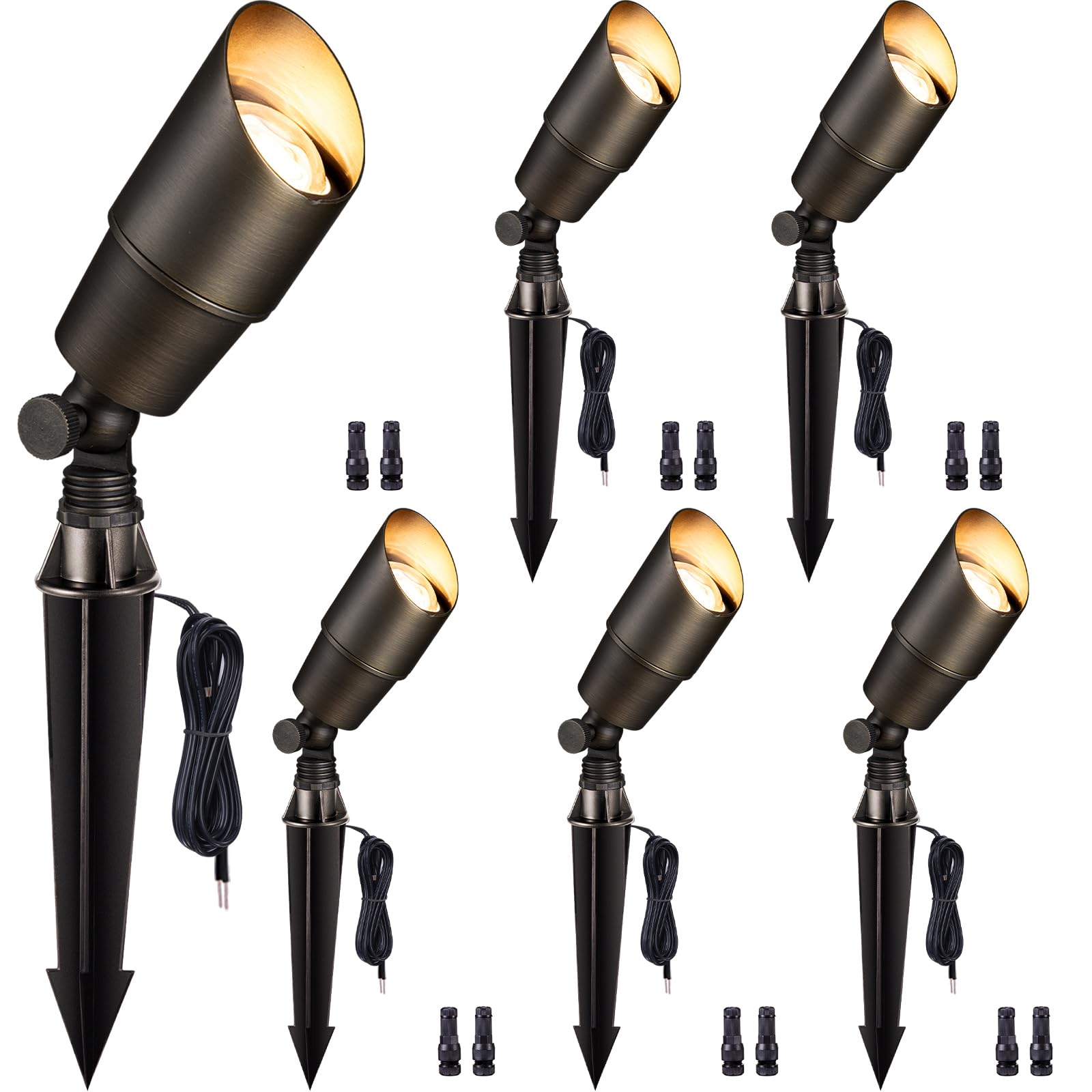 Gardenreet Solid Brass Landscape Spotlights - 12V Waterproof Uplights, 6 Pack, Bronze, Model 2101, Wired (Bulb Not Included)